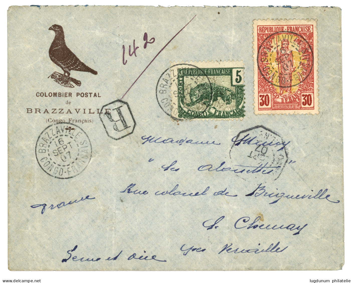 CONGO - COLOMBIER POSTAL De BRAZZAVILLE : 1907 5c + 30c Obl. BRAZZAVIMLLE Sur Magnifique Enveloppe Illustrée D'une COLOM - Otros & Sin Clasificación