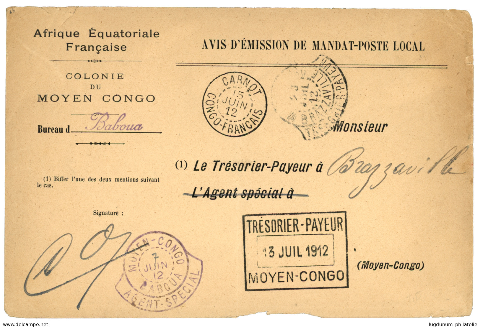 CONGO - BABOUA : 1912 Rare Cachet MOYEN CONGO BABOUA / AGENT SPECIAL Sur Lettre (AVIS DE MANDAT-POSTE) Pour BRAZZAVILLE. - Andere & Zonder Classificatie