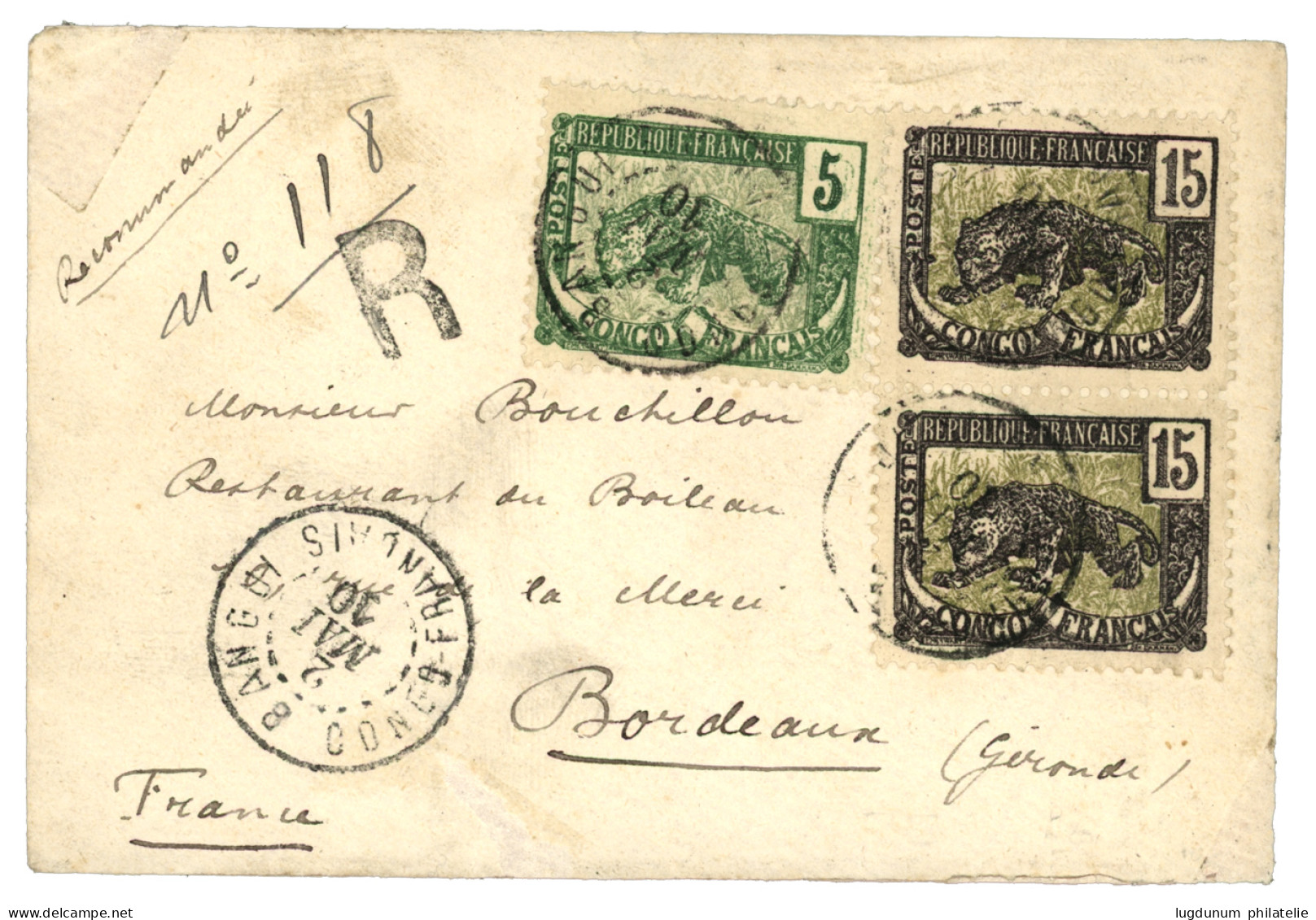 CONGO - OUBANGHI : 1910 5c + 15c (x2) Obl. BANGUI CONGO FRANCAIS Sur Lettre RECOMMANDEE. TTB. - Andere & Zonder Classificatie