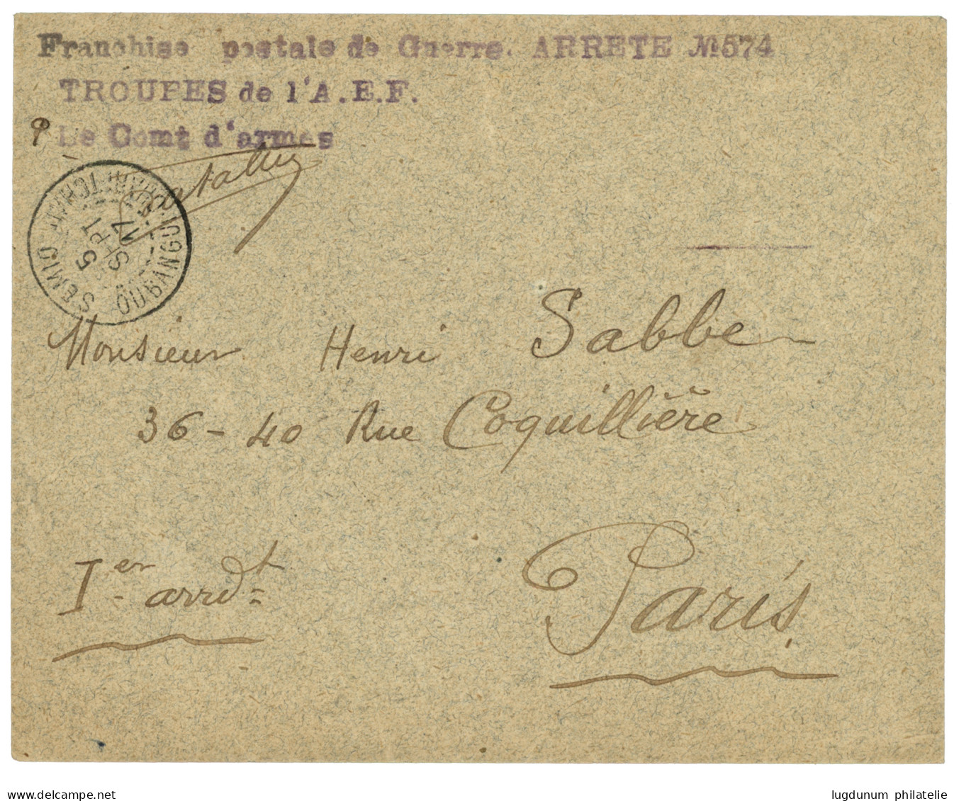 CONGO - OUBANGHI : 1917 SEMIO OUBANGHUI-CHARI-TCHAD + Griffe FRANCHISE POSTALE DE GUERRE N°574/ TROUPES De L'A.E.F. Sur  - Otros & Sin Clasificación
