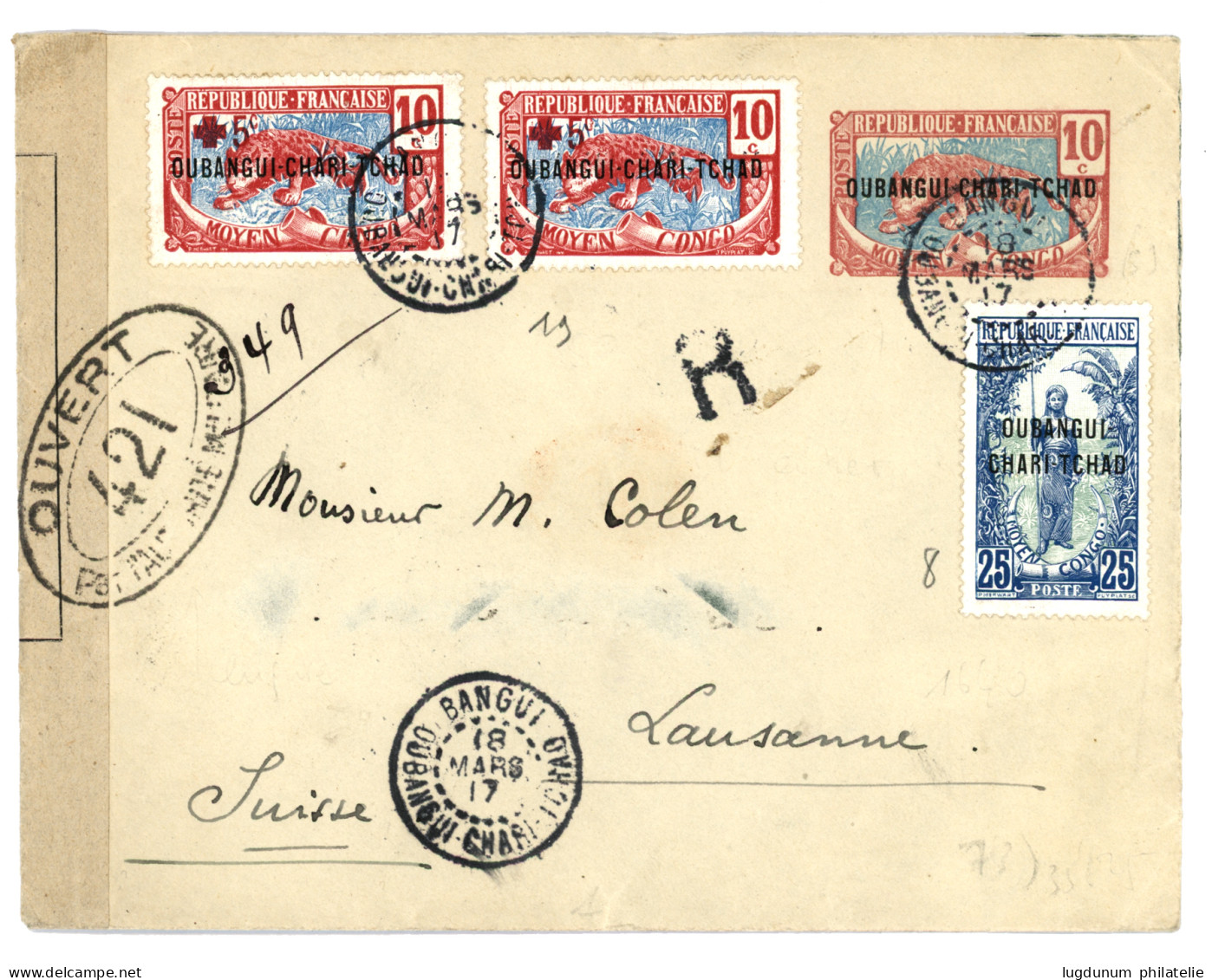 CONGO - OUBANGHI : 1917 Entier Postal 10c + CROIX-ROUGE 5c S/ 10c (x2) + 25c En RECOMMANDE + Bande CENSURE Pour La SUISS - Andere & Zonder Classificatie