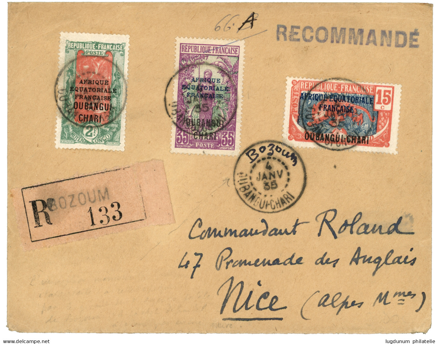 CONGO - OUBANGHI - BOZOUM : 1935 15c + 35c + 2F Obl. Cachet échoppé Avec "BOZOUM" Manuscrit Sur Lettre RECOMMANDEE Pour  - Other & Unclassified