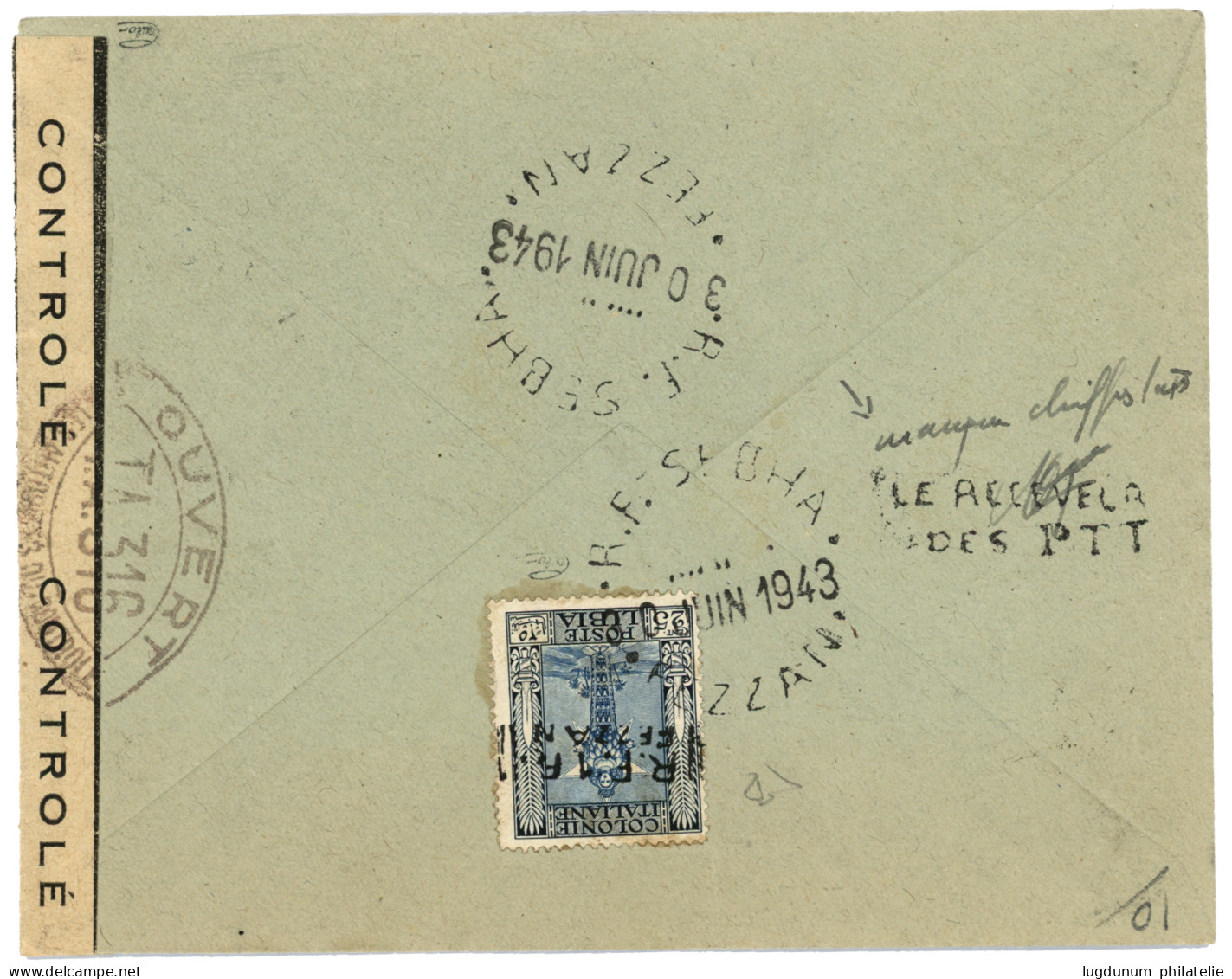 FEZZAN - Timbre-Poste Utilisé Comme TIMBRE-TAXE : 1943 ALGERIE 2F Obl. SOUMA ALGER Sur Lettre CENSUREE Pour SERBBA (FEZZ - Otros & Sin Clasificación