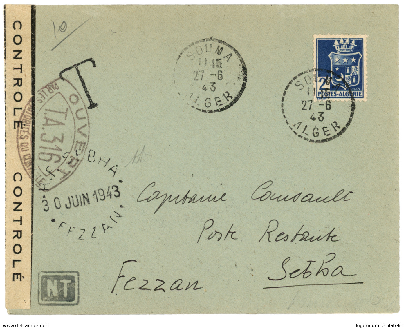 FEZZAN - Timbre-Poste Utilisé Comme TIMBRE-TAXE : 1943 ALGERIE 2F Obl. SOUMA ALGER Sur Lettre CENSUREE Pour SERBBA (FEZZ - Sonstige & Ohne Zuordnung