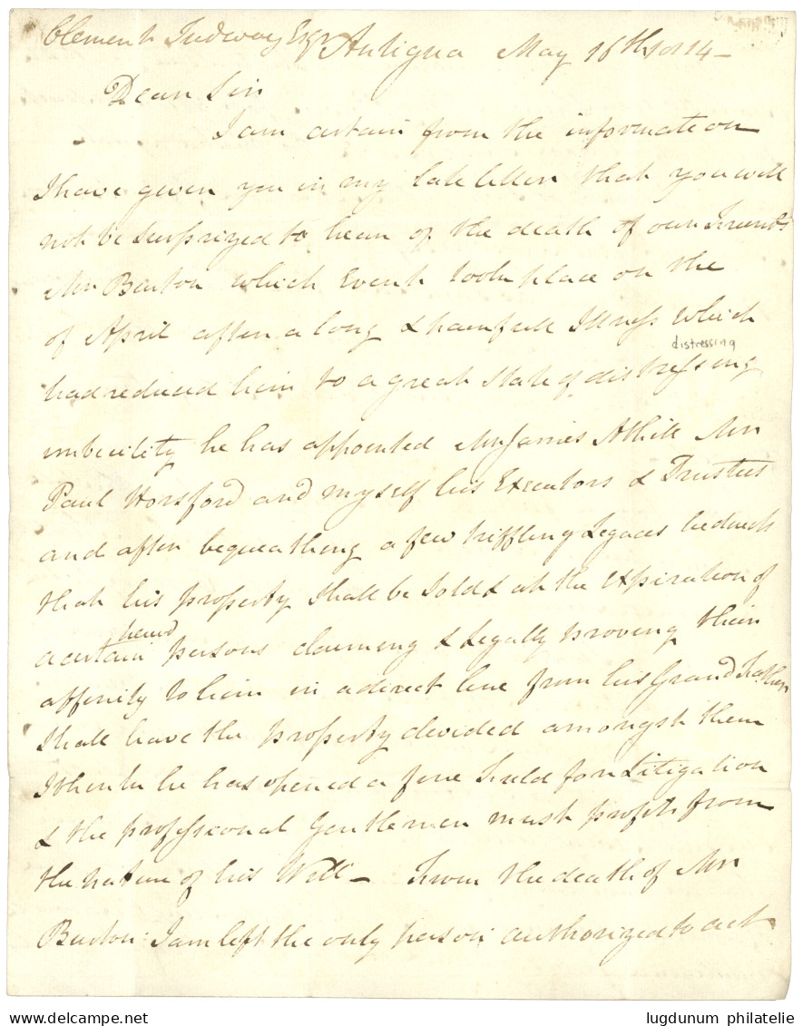 GUADELOUPE - 3ème Occupation ANGLAISE : 1814 Trés Rare Cachet GUADELOUPE (Lenain 4) Sur Lettre Avec Texte Daté "ANTIGUA" - Otros & Sin Clasificación