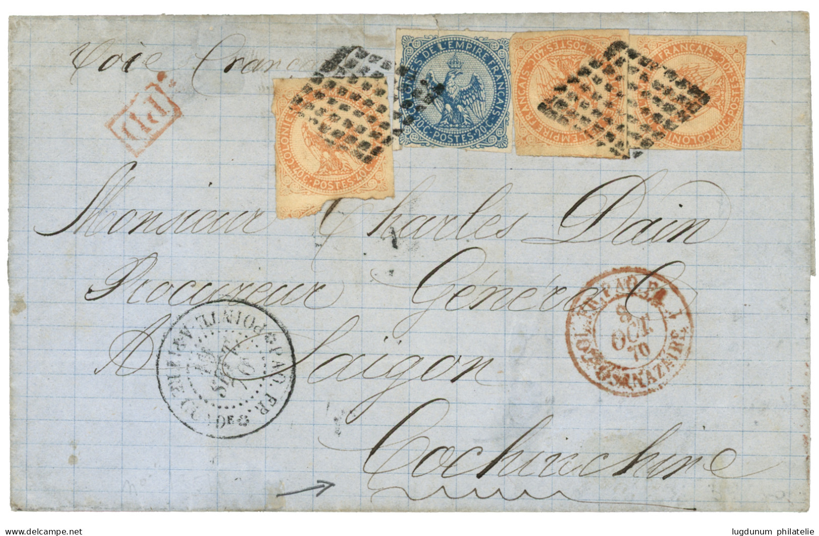 GUADELOUPE Pour La COCHINCHINE : 1870 AIGLE 20c + 40c (x3) Obl. Losange + PAQ. FR. POINTE A PITRE Sur Lettre Pour SAIGON - Other & Unclassified