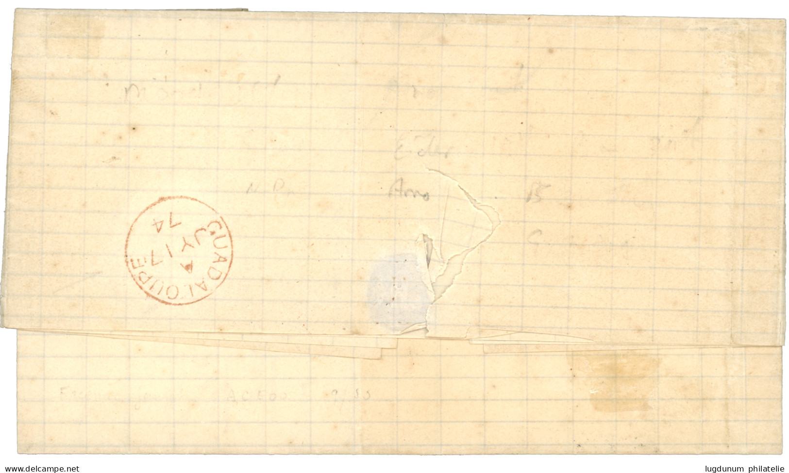 GUADELOUPE  : 1874 CG Paire 30c (pd) + GUADALOUPE PAID Rouge + Taxe 4 Sur Lettre Pour FRANCOIS (MARTINIQUE. Verso, Petit - Autres & Non Classés