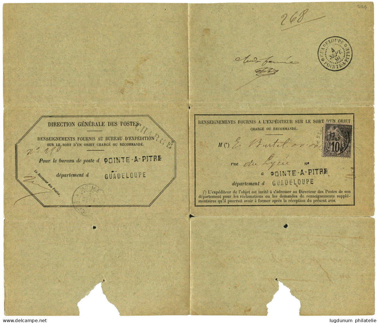 GUADELOUPE : 1891 CG 10 Obl. POINTE A PITRE Sur AVIS DE RECEPTION Complet. RARE. TTB. - Other & Unclassified