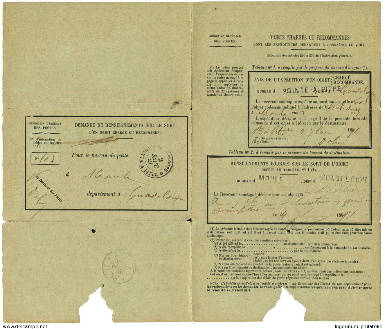 GUADELOUPE : 1891 CG 10 Obl. POINTE A PITRE Sur AVIS DE RECEPTION Complet. RARE. TTB. - Sonstige & Ohne Zuordnung