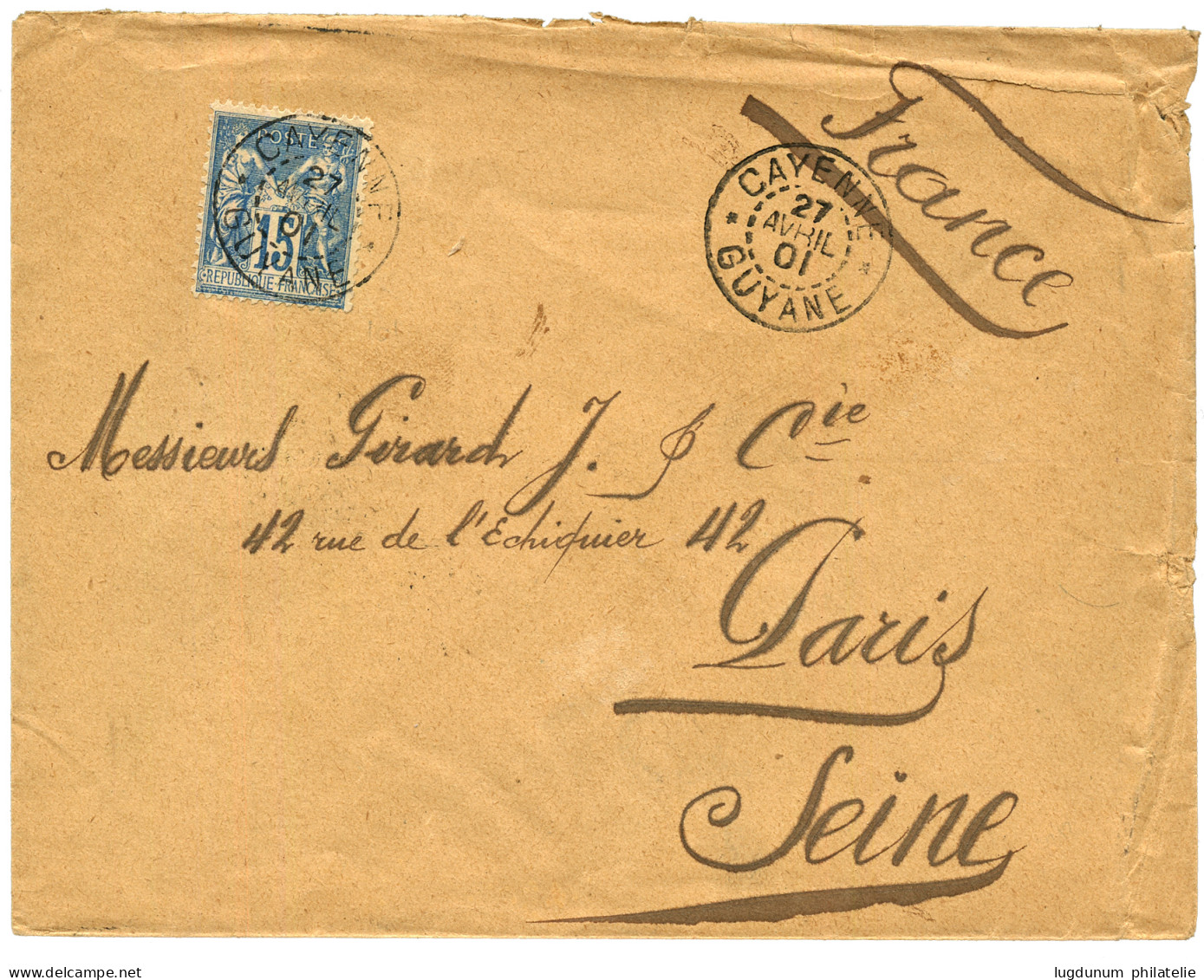 GUYANE - Timbre De FRANCE Au Type SAGE Utilisé En GUYANE : 1901 FRANCE 15c SAGE Obl. CAYENNE GUYANE Sur Enveloppe (pd)   - Autres & Non Classés