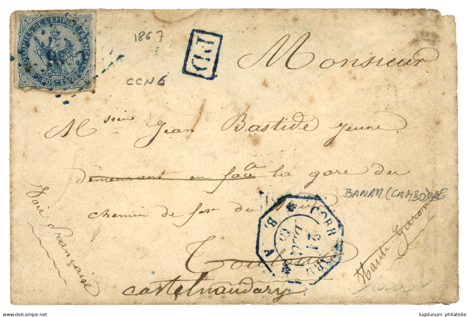 CCN6 - Cachet Gratté B A  Utilisé à BANAM Au CAMBODGE : 1865 20c AIGLE Obl. CCN6 + Cachet CORR. D' ARM. B A 21 Dec 67 Su - Autres & Non Classés