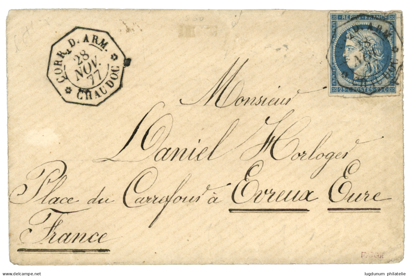 1877 25c CERES (pd) Obl. CORR. D'ARM. CHAUDOC Sur Enveloppe Avec Texte Complet Pour La FRANCE. Superbe. - Sonstige & Ohne Zuordnung