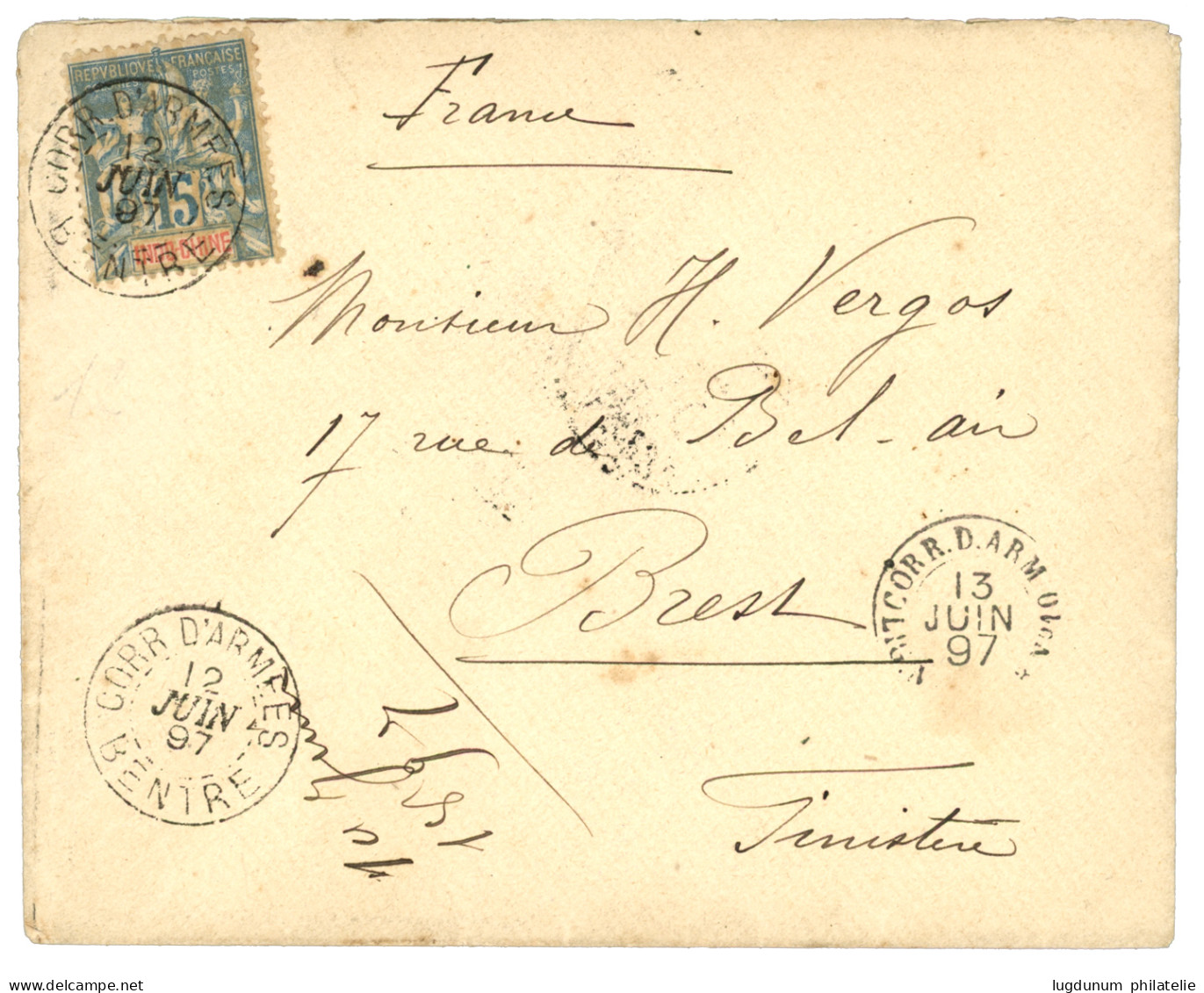 CORR. D'ARMEES BENTRE : 1897 15c Obl. Rarissime Cachet CORR. D'ARMEES BENTRE Sur Enveloppe Pour La FRANCE. 2 Ou 3 Lettre - Other & Unclassified