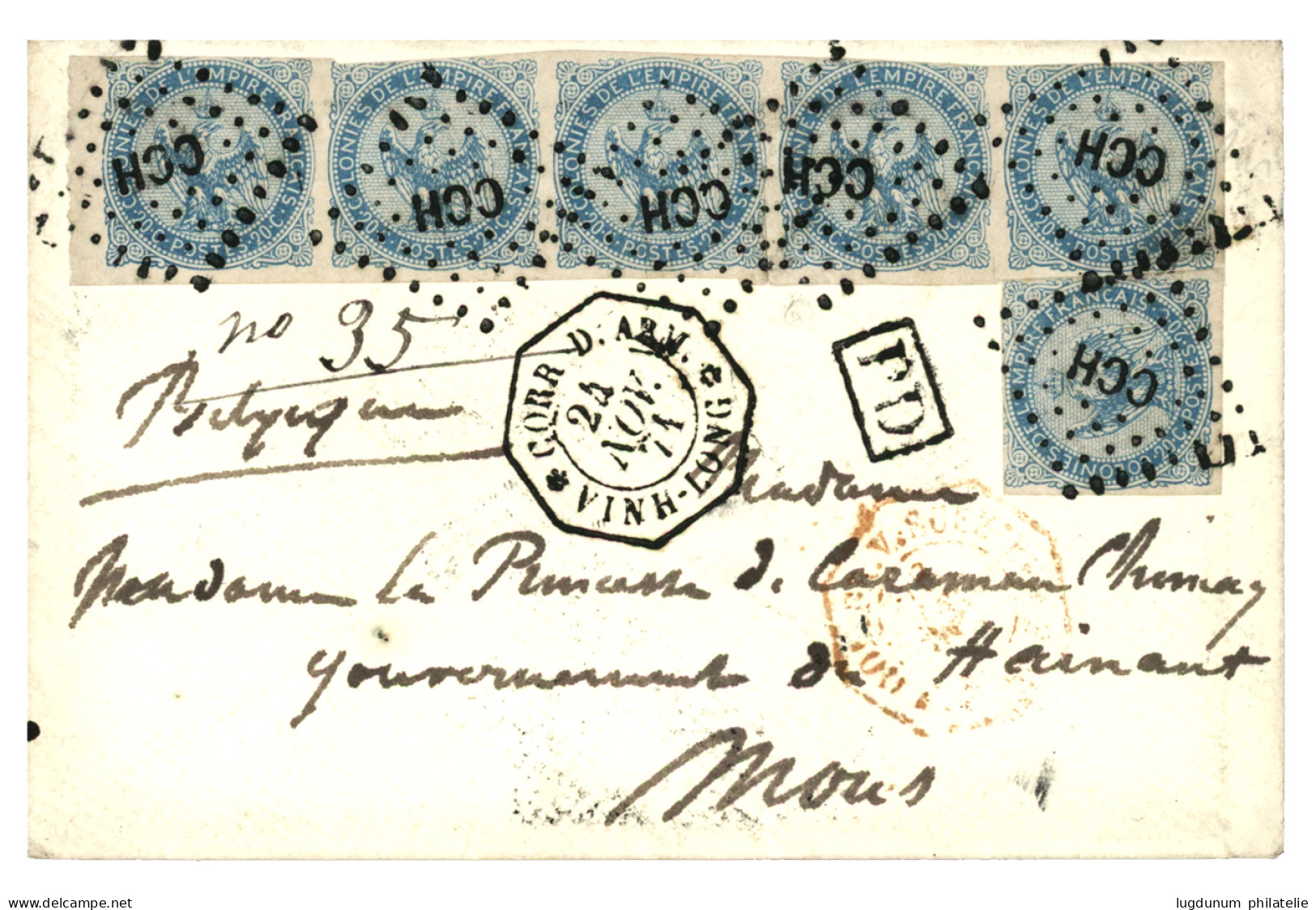 1871 Bande De 5 + 1 Exemplaire Su 20c AIGLE Obl. CCH + CORR. D'ARM. VINH-LONG Sur Enveloppe Pour MONS (BELGIQUE). Le Tar - Sonstige & Ohne Zuordnung