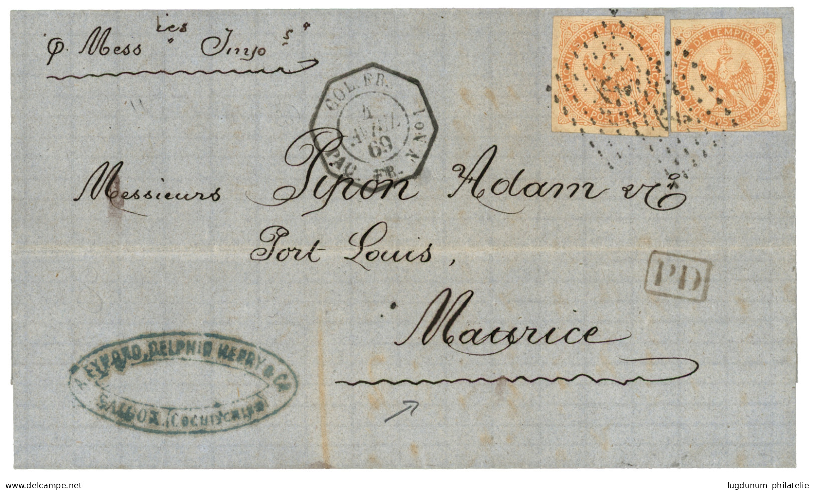 BOITE MOBILE De SAIGON : 1869 40c AIGLE (x2) Obl. ANCRE + COL. FR. PAQ. FR. N°1 Sur Lettre Avec Texte De SAIGON Pour POR - Andere & Zonder Classificatie