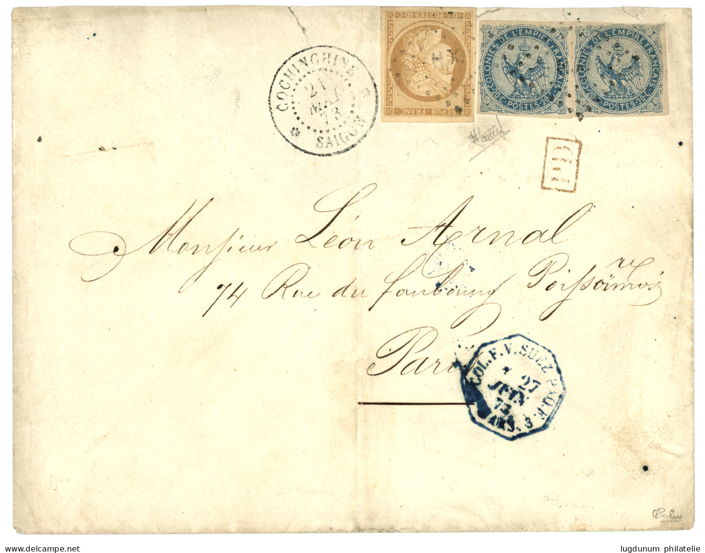 1873 Paire 20c AIGLE + 10c CERES (n°11) TTB Margé Obl. CCH + COCHINCHINE SAIGON Sur Enveloppe Pour PARIS. Combinaison Ra - Autres & Non Classés