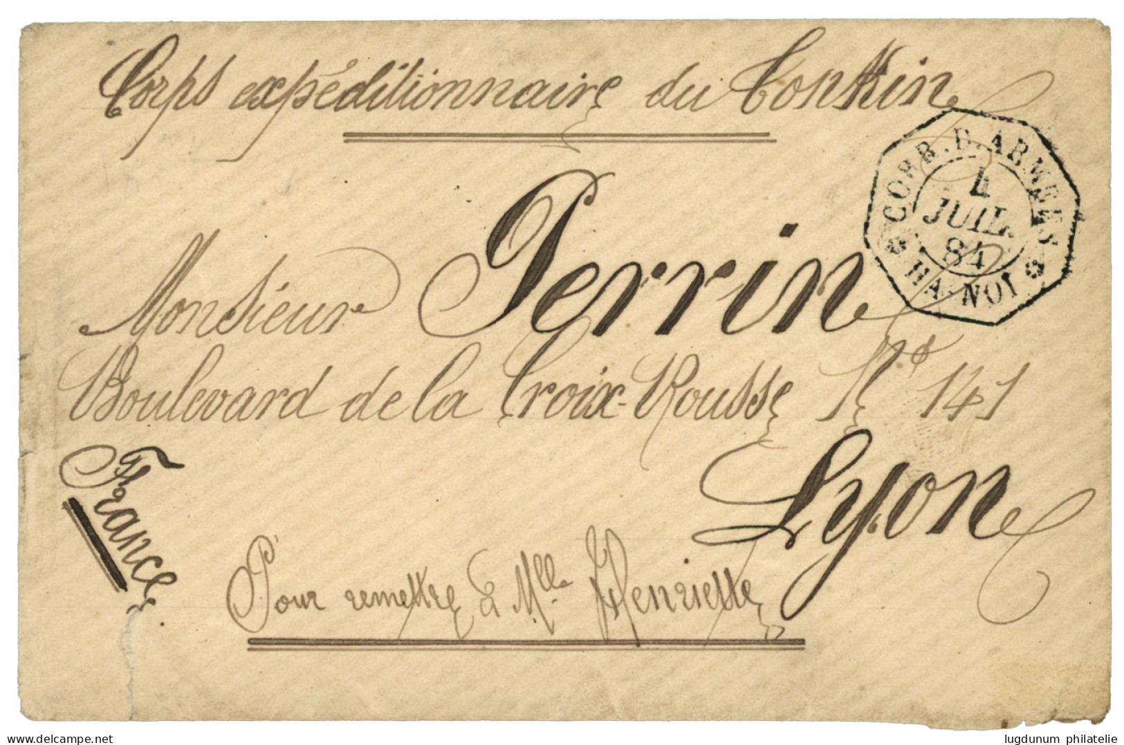 1884 CORR. D' ARMEES HA-NOI + "CORPS EXPEDITIONNAIRE DU TONKIN" Sur Enveloppe Pour LYON. Superbe. - Sonstige & Ohne Zuordnung