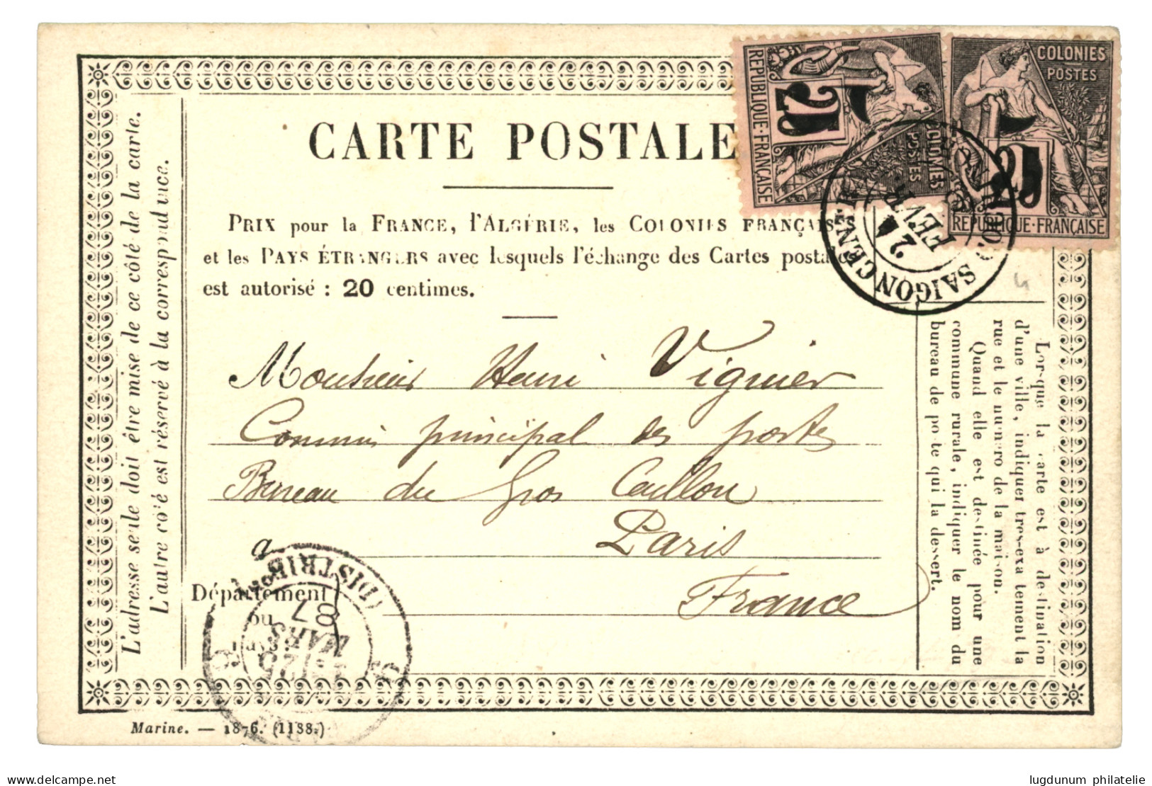 1887 COCHINCHINE Provisoire 5 S/ 25c (x2) Obl. SAIGON CENTRAL COCHINCHINE Sur CARTE PRECURSEUR Pour PARIS Avec Cachet D' - Andere & Zonder Classificatie