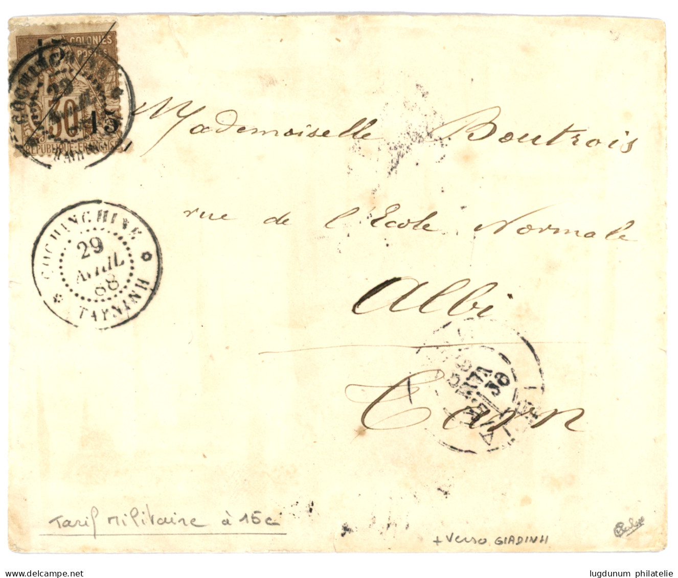 1888 COCHINCHINE Provisoire 15 + 15 S/ 30c (n°5) Obl. COCHINCHINE TAYNINH Sur Enveloppe Au Tarif Militaire Pour La FRANC - Other & Unclassified