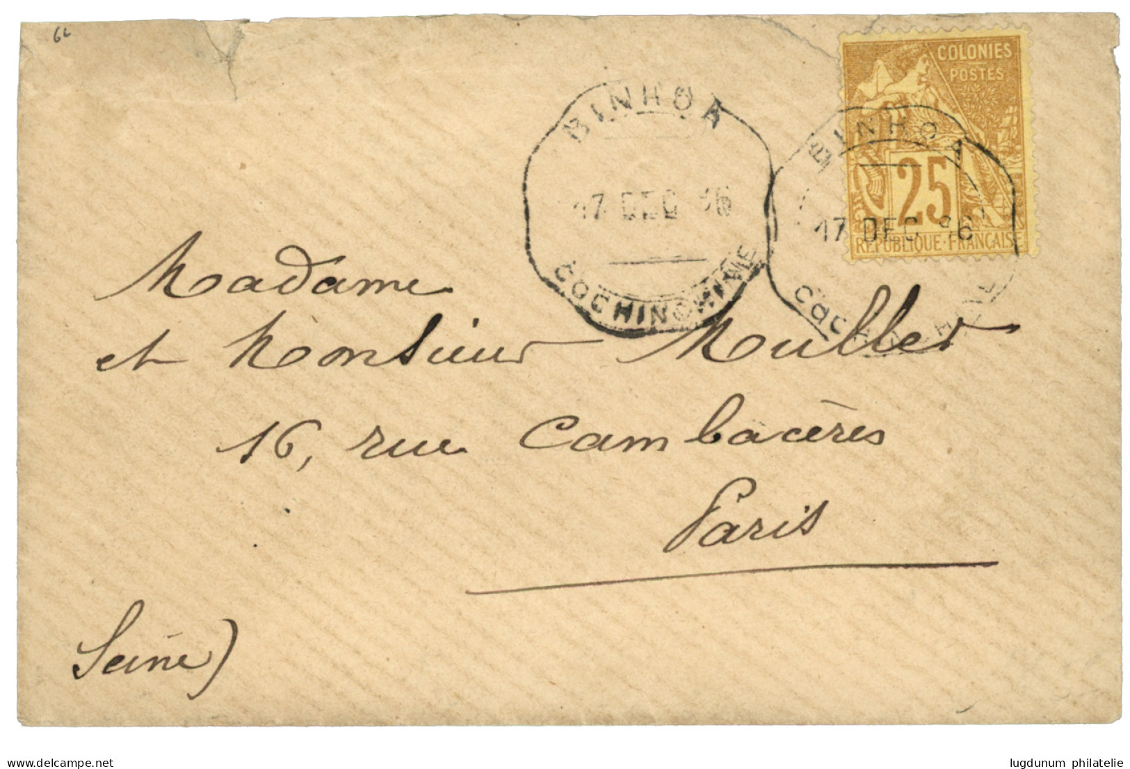 1886 CG 25c Obl. Cachet Télégraphique BINHOA COCHINCHINE Sur Enveloppe (pd) Pour PARIS. RARE. Quelques Lettres Connues.  - Andere & Zonder Classificatie