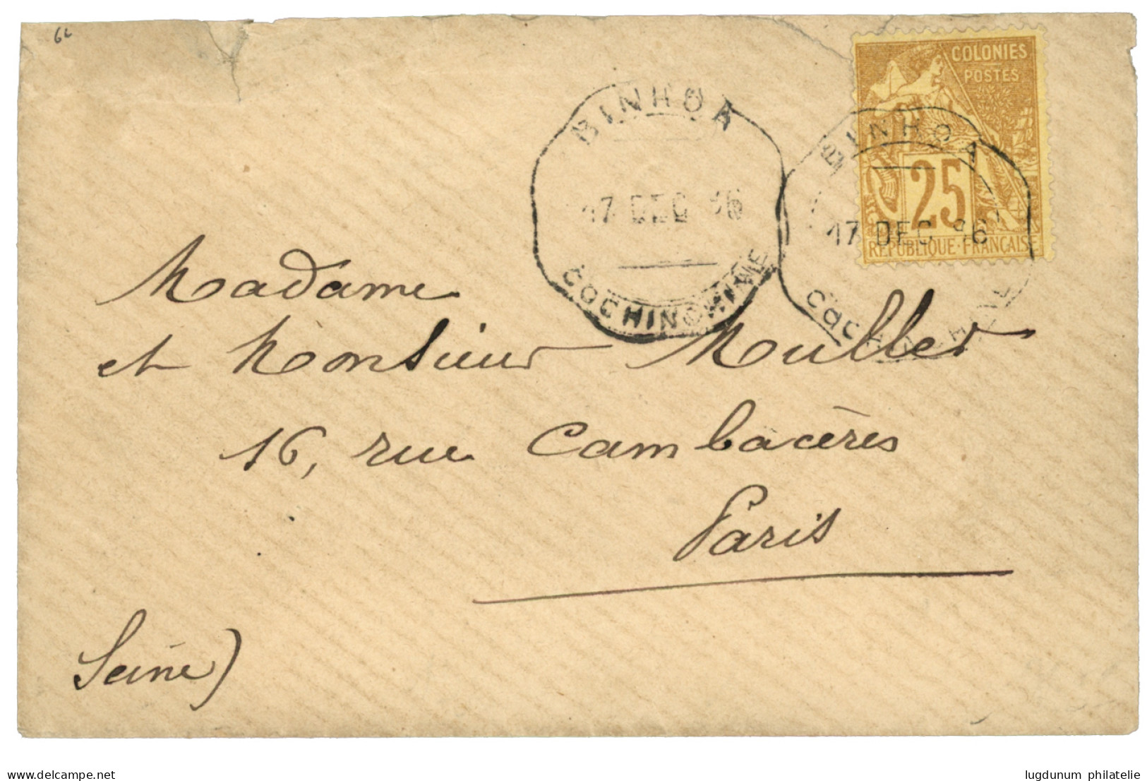 1886 CG 25c Obl. Cachet Télégraphique BINHOA COCHINCHINE Sur Enveloppe (pd) Pour PARIS. RARE. Quelques Lettres Connues.  - Other & Unclassified