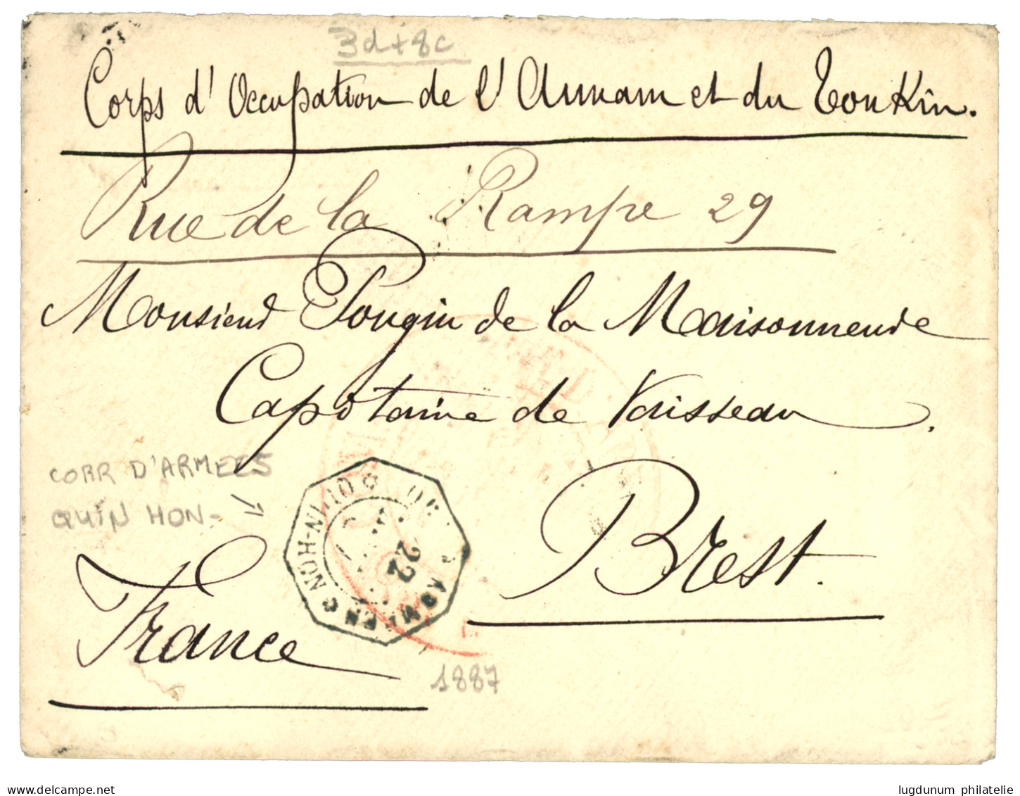 ANNAM : 1887 Rare Cachet CORR. D' ARMEES QUIN-HON Sur Lettre Pour La FRANCE. TTB. - Altri & Non Classificati