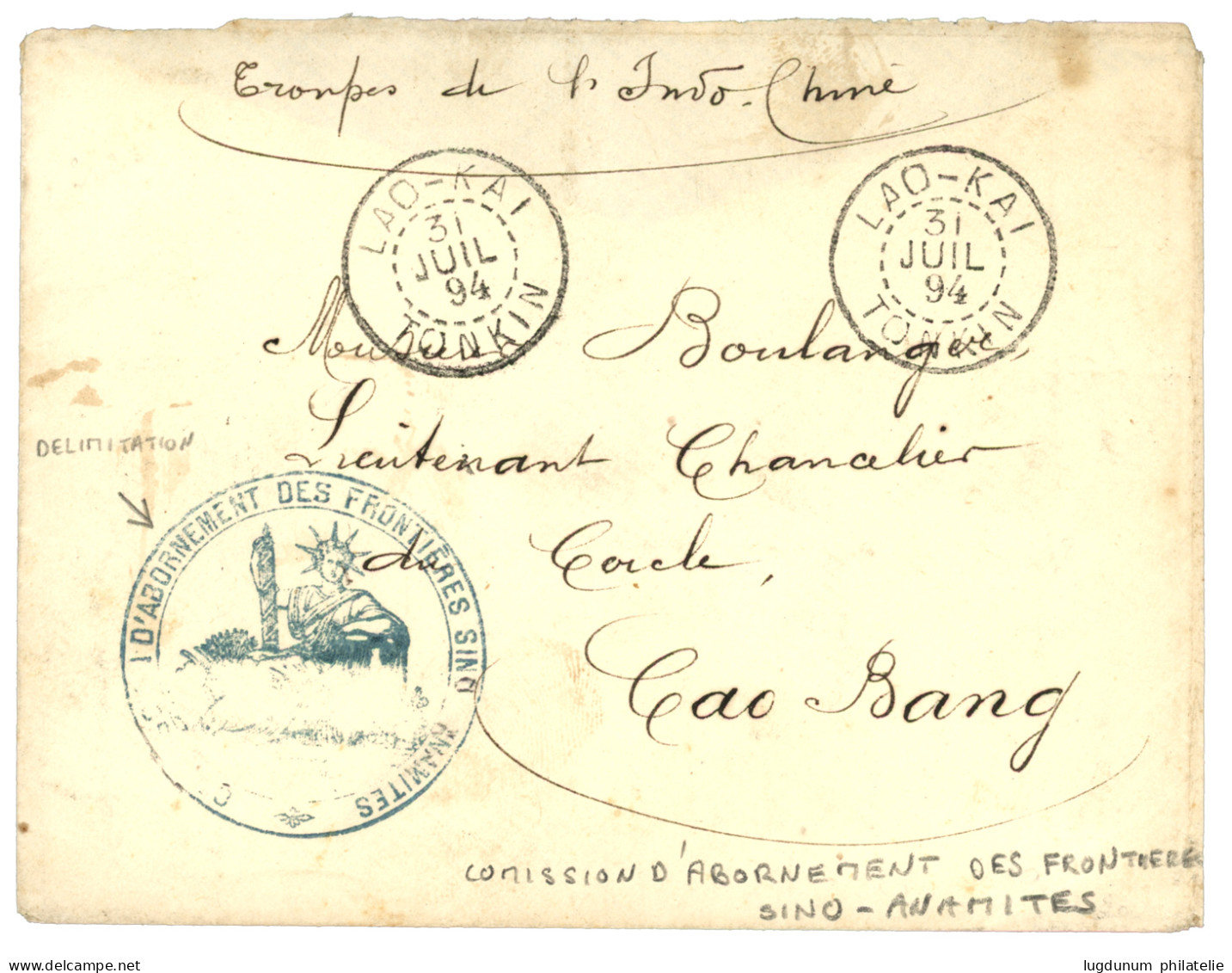 COMMISSION D' ABORNEMENT DES FRONTIERES SINO-ANNAMITES : 1894 LAO-KAY TONKIN + Rare Cachet COMMISSION D' ABORNEMENT DES  - Sonstige & Ohne Zuordnung