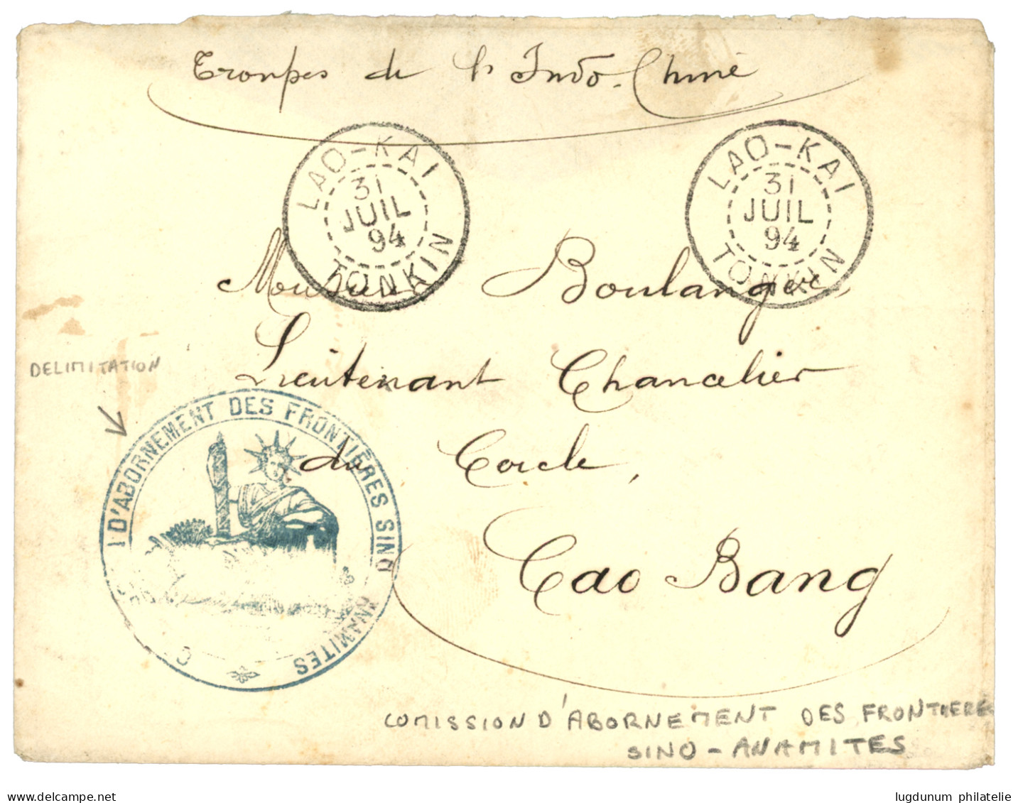 COMMISSION D' ABORNEMENT DES FRONTIERES SINO-ANNAMITES : 1894 LAO-KAY TONKIN + Rare Cachet COMMISSION D' ABORNEMENT DES  - Andere & Zonder Classificatie