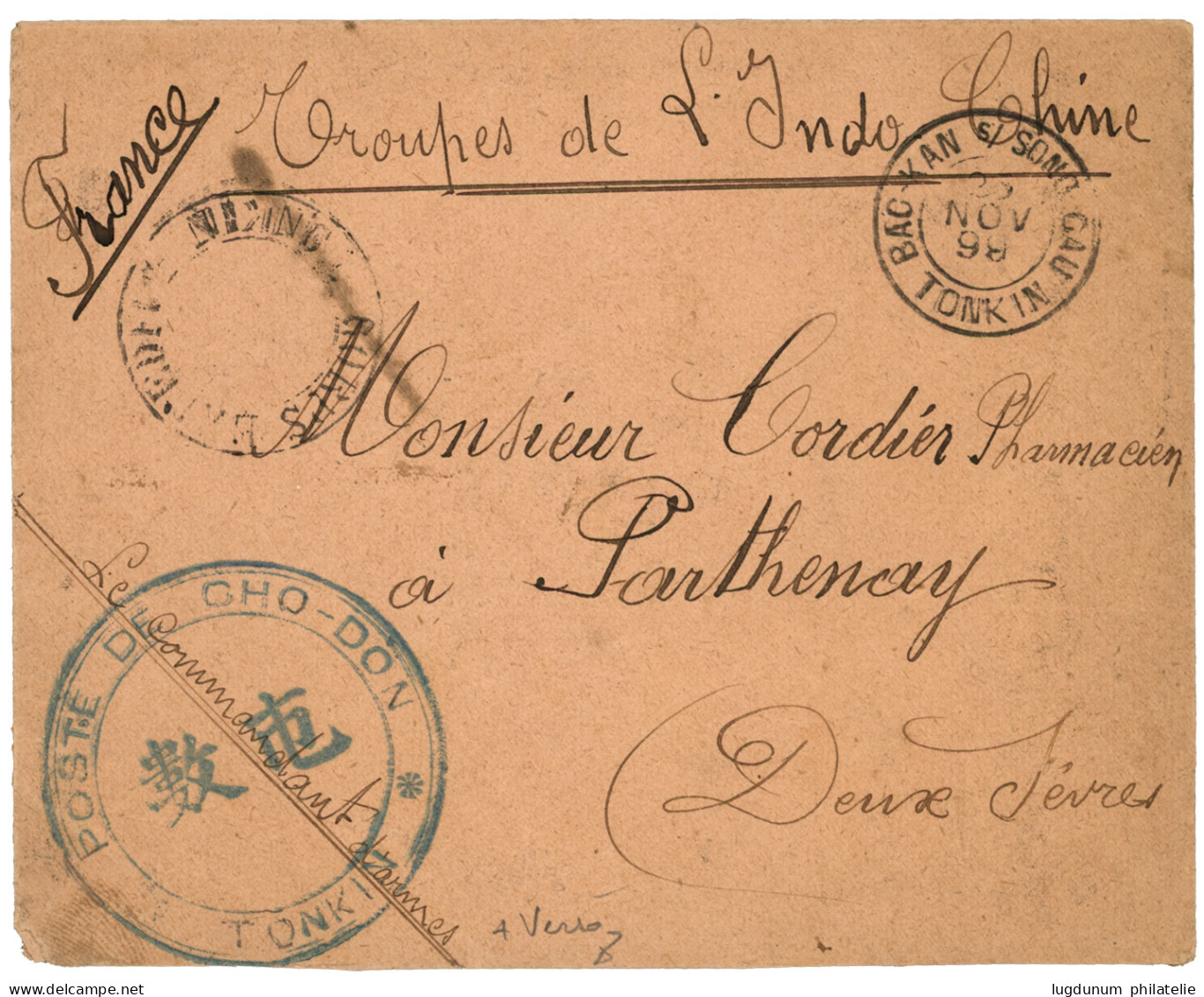 TONKIN : 1899 Rare Cachet BAC-KAN S/ SONG CAU TONKIN + POSTE DE CHO-DON Sur Pour La FRANCE. Verso, THAINGUYEN + BAC-KAN  - Autres & Non Classés