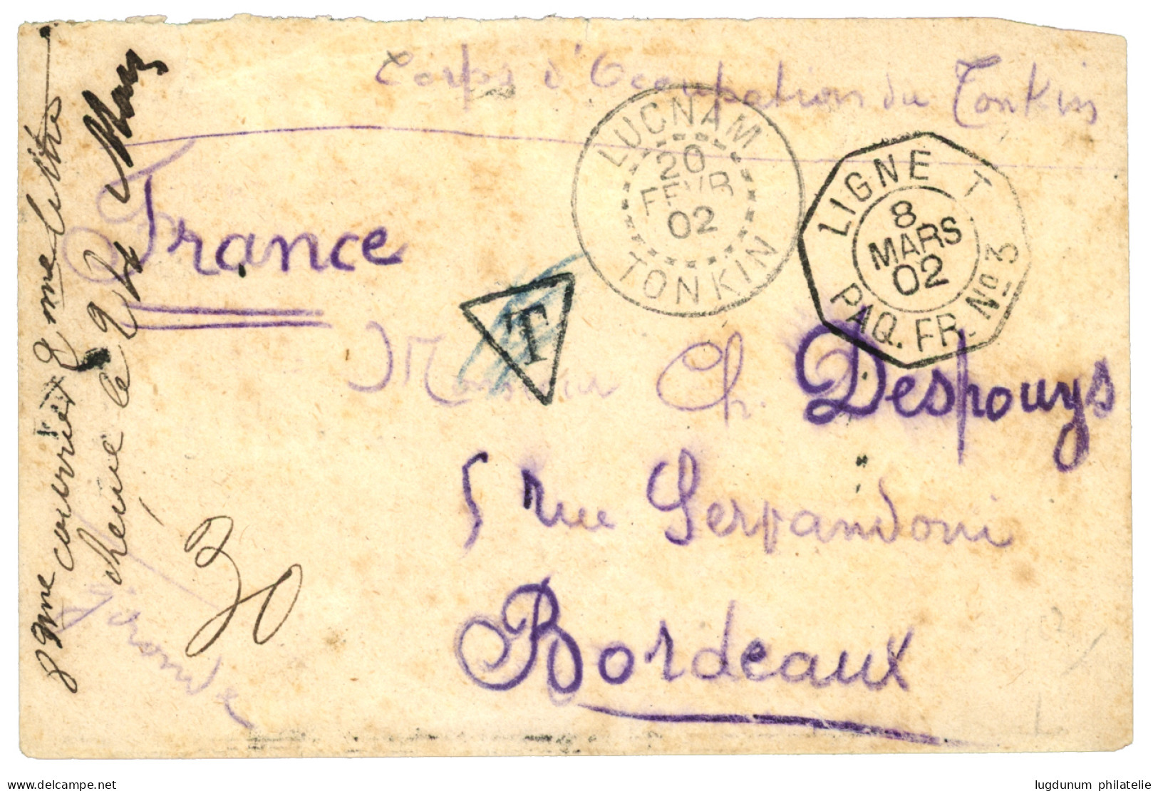 TONKIN : 1902 LUCNAM TONKIN + LIGNE T PAQ. FR. N°3 (rare) Sur Lettre Pour PARIS.  Superbe. - Other & Unclassified