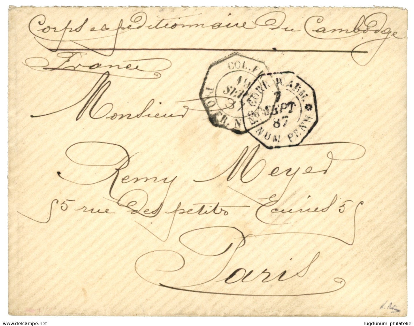 CAMBODGE - 1er CORPS EXPEDITIONNAIRE : 1887 Rare Cachet CORR. D'ARM. PNUM-PENH Sur Enveloppe Pour PARIS. Quelques Lettre - Autres & Non Classés
