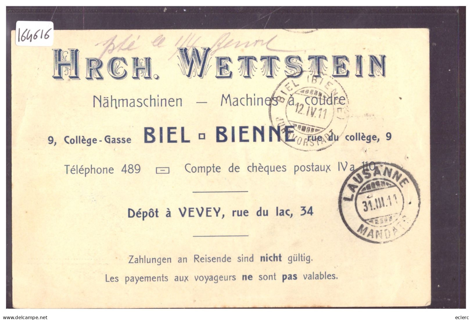 BIENNE - BIEL - HRCH. WETTSTEIN - NÄHMASCHINEN - MACHINES A COUDRE - B ( TROUS D'EPINGLE A DROITE ET PLI D'ANGLE ) - Bienne