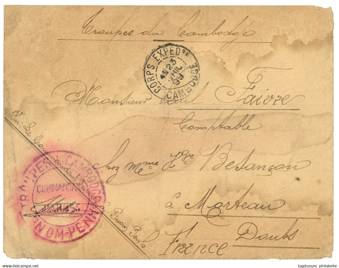 CAMBODGE : 1899 CORPS EXPEDre CAMBODGE Sur Enveloppe(tâches) Pour La FRANCE. Verso, Rare Cachet Rouge TROUPES DU CAMBODG - Andere & Zonder Classificatie