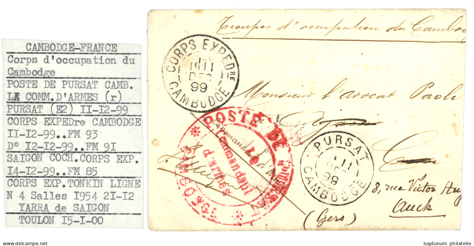 CAMBODGE : 1899 CORPS EXPEDre CAMBODGE + PURSAT CAMBODGE + POSTE De PURSAT Rouge (rare) Sur Enveloppe(pd) Pour La FRANCE - Other & Unclassified