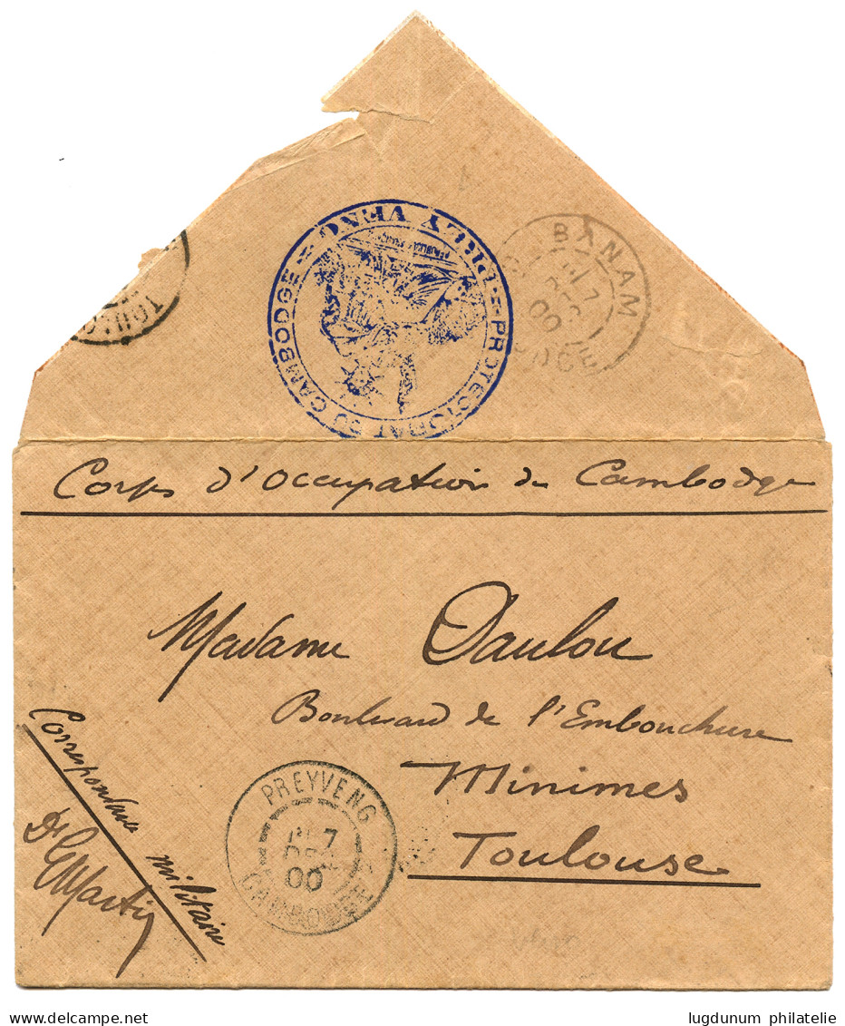 CAMBODGE : 1900 PREYVENG CAMBODGE + "CORPS D' OCCUPATION DU CAMBODGE" Sur Enveloppe Pour La FRANCE. Verso, Cachet Rare P - Autres & Non Classés