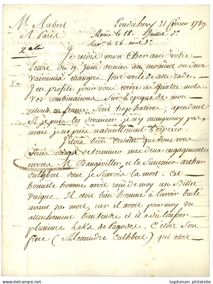 INDE : 1789 Marques De La PETITE POSTE De PARIS Sur Lettre Avec Texte Complet Daté "PONDICHERY" Pour PARIS. RARE. Superb - Sonstige & Ohne Zuordnung