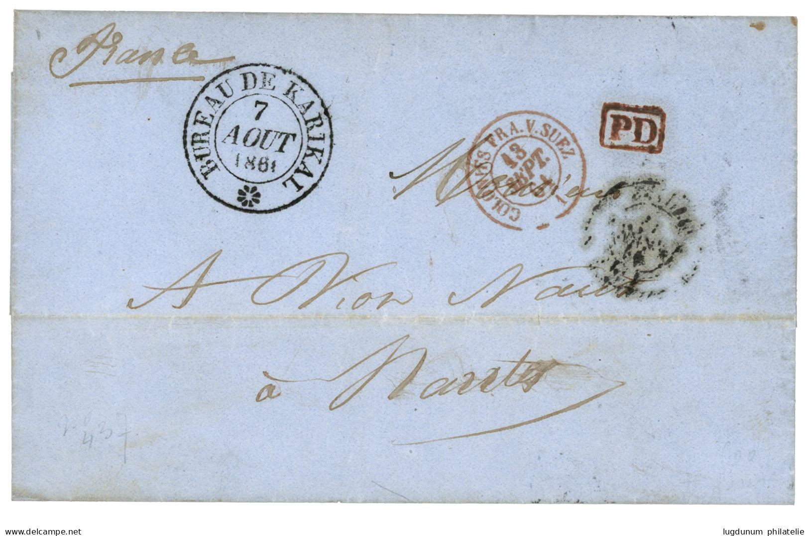INDE : 1861 Rare Cachet à Feuron" BUREAU DE KARIKAL + PD (Port Payé En Numéraire) Sur Lettre Avec Texte Pour La FRANCE.  - Other & Unclassified