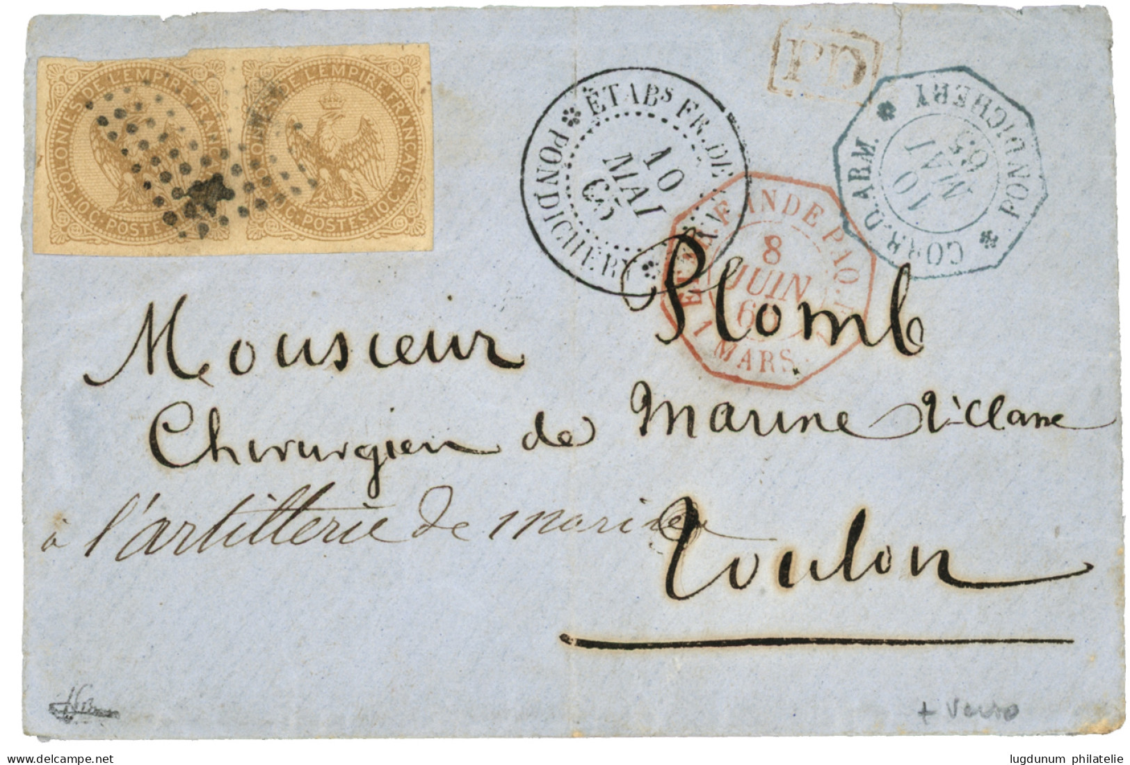 1865 Paire 10c AIGLE + CORR. D' ARMEES PONDICHERY Sur Enveloppe Pour La FRANCE. Verso, Grand Cachet Aigle ETABLISSEMENTS - Andere & Zonder Classificatie