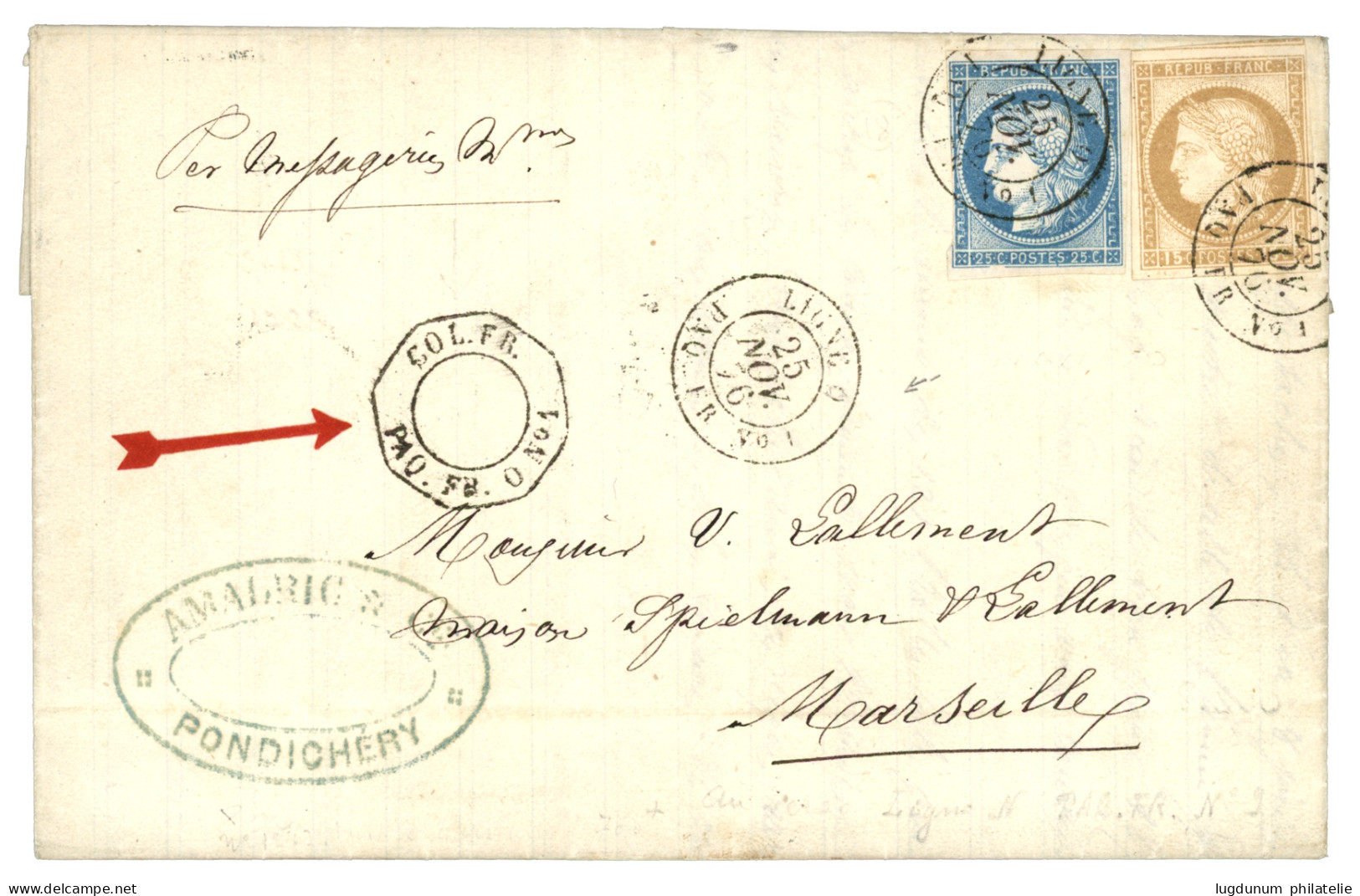 LIGNE O - Escale De PONDICHERY : 1876 CG 15c + 25c Obl. LIGNE O PAQ. FR. N°1 (rarissime Sur Timbres, Non Répertorié) + T - Autres & Non Classés