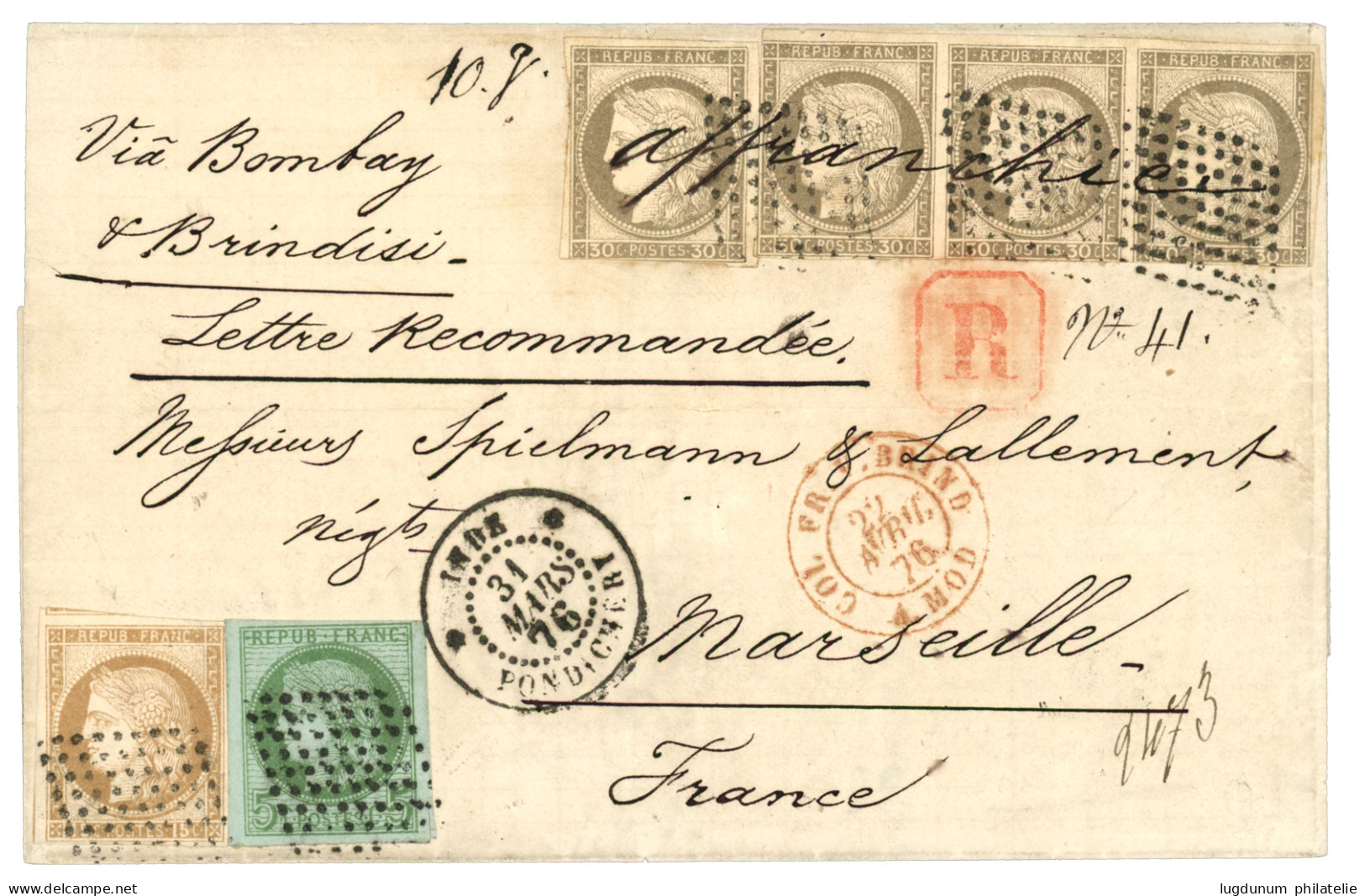 1876 CG CERES 15c Gros Chiffre (n°19) + 5c + 30c (x4) Obl. Losange De 81 Points + INDE PONDICHERY Sur Lettre RECOMMANDEE - Autres & Non Classés