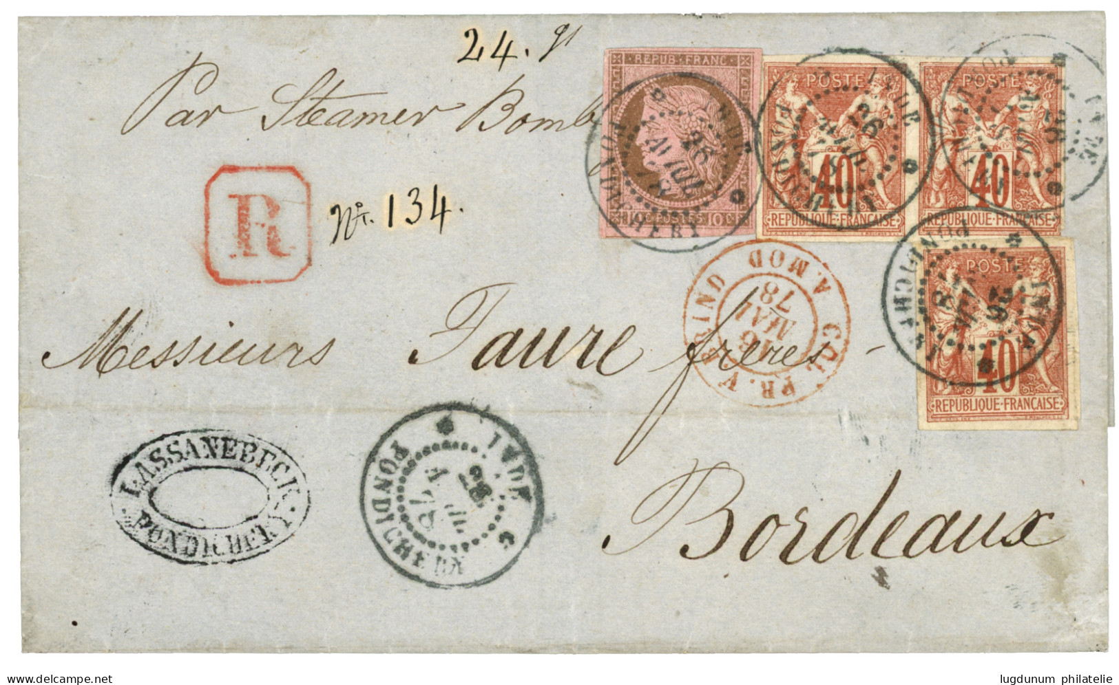 1878 CG 10c CERES + 40c SAGE (x3) INDE PONDICHERY Sur Lettre (24g = Double Port ) RECOMMANDEE Pour La FRANCE. Affranchis - Otros & Sin Clasificación