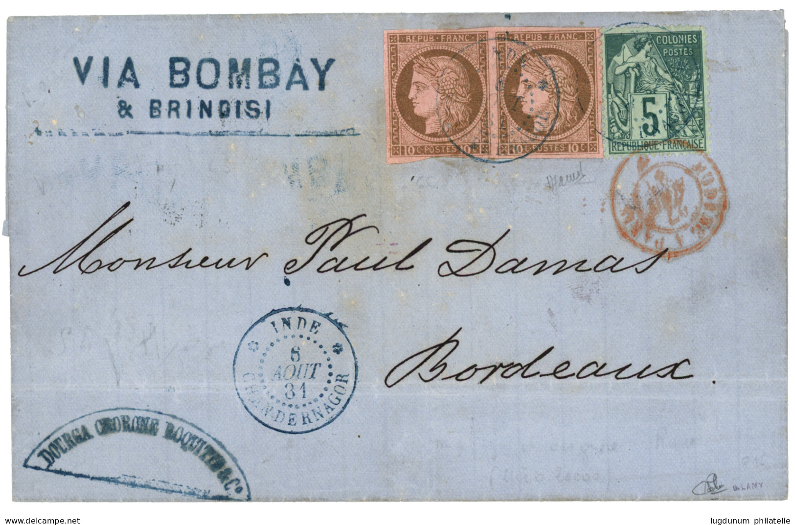 CHANDERNAGOR : 1881 COLONIES GENERALES Paire 10c CERES + 5c ALPHEE DUBOIS Obl. INDE CHANDERNAGOR Sur Lettre Pour BORDEAU - Autres & Non Classés