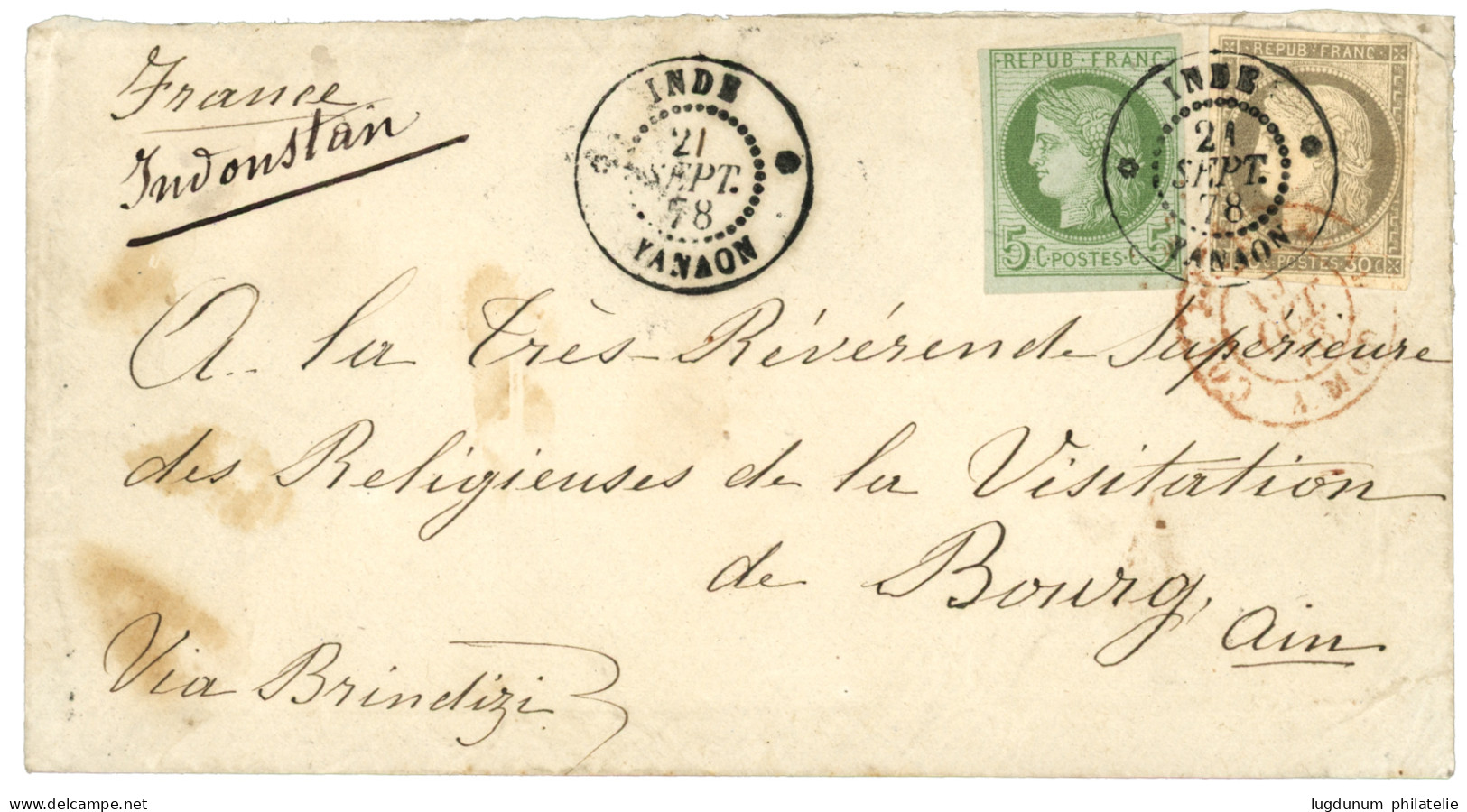 YANAON : 1878 CG CERES 5c + 30c Obl. INDE YANAON Sur Enveloppe Pour La FRANCE. Lettre Exceptionnelle Du Bureau Le Plus R - Andere & Zonder Classificatie