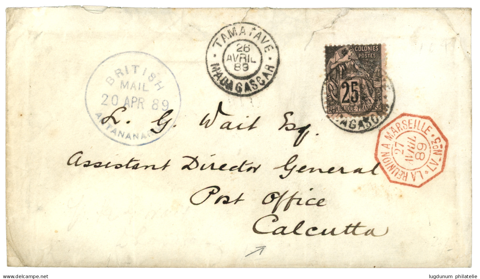 MADAGASCAR - BRITISH MAIL To INDIA : 1889 COLONIES GENERALE 25c Obl. TAMATAVE + Cachet Bleu BRITISH MAIL ANTANANARIVO Su - Other & Unclassified