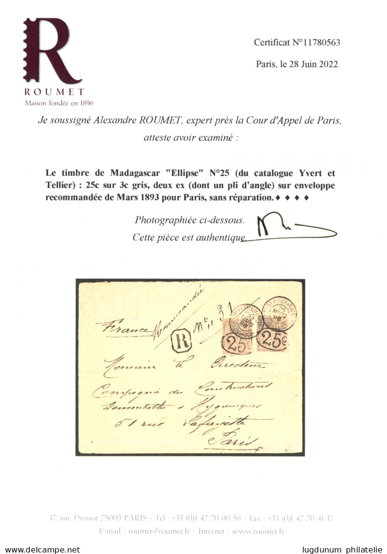 MADAGASCAR : 1893 ELLIPSE 2 Exemplaires 25 S/ 3c (n°25), 1 Ex. Léger Pli D' Angle Sur Enveloppe RECOMMANDEE Pour PARIS.  - Altri & Non Classificati