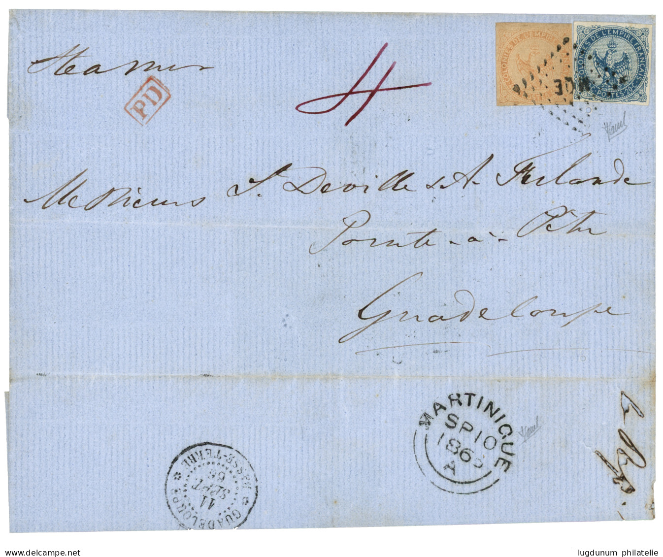 MARTINIQUE - British PACKET AGENT  : 1866 AIGLE 20c + 40c + Taxe Anglaise 4 Sur Lettre Pour LA GUADELOUPE. Verso, Superb - Other & Unclassified