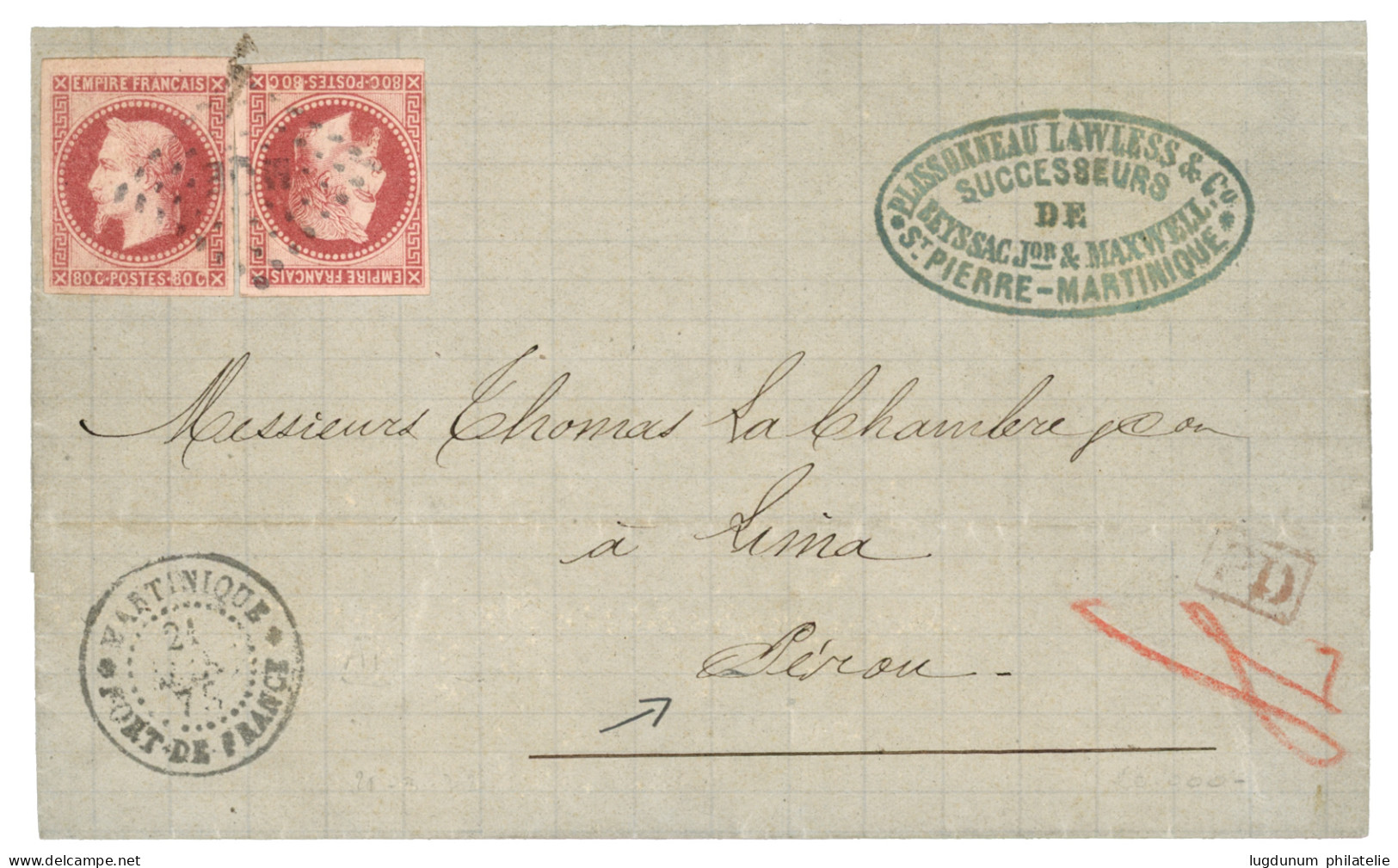 MARTINIQUE Pour Le PEROU : 1875 CG 80c Empire (x2) TB Margés Obl. MQE + MARTINIQUE FORT DE FRANCE Sur Lettre Pour LIMA ( - Andere & Zonder Classificatie