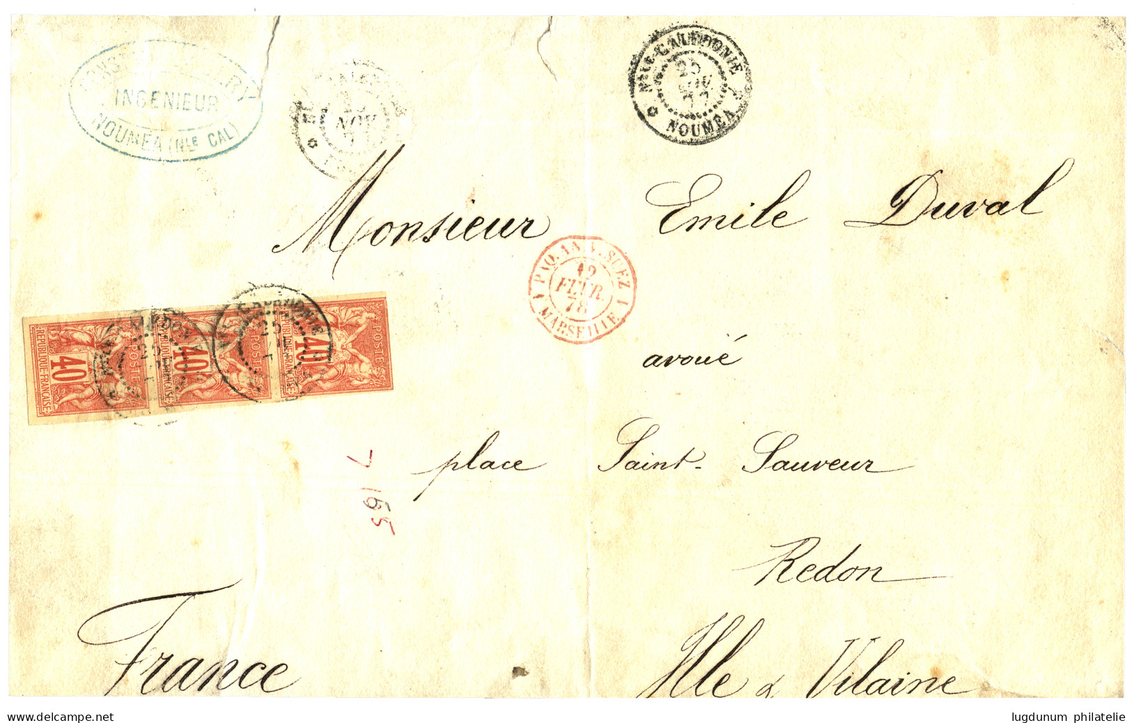 NOUVELLE CALEDONIE : 1878 CG Bande De 3 Du 40c SAGE Obl. NLLE CALEDONIE NOUMEA + PAQ. AN. V. SUEZ 1 MARSEILLE 1 Rouge  S - Other & Unclassified