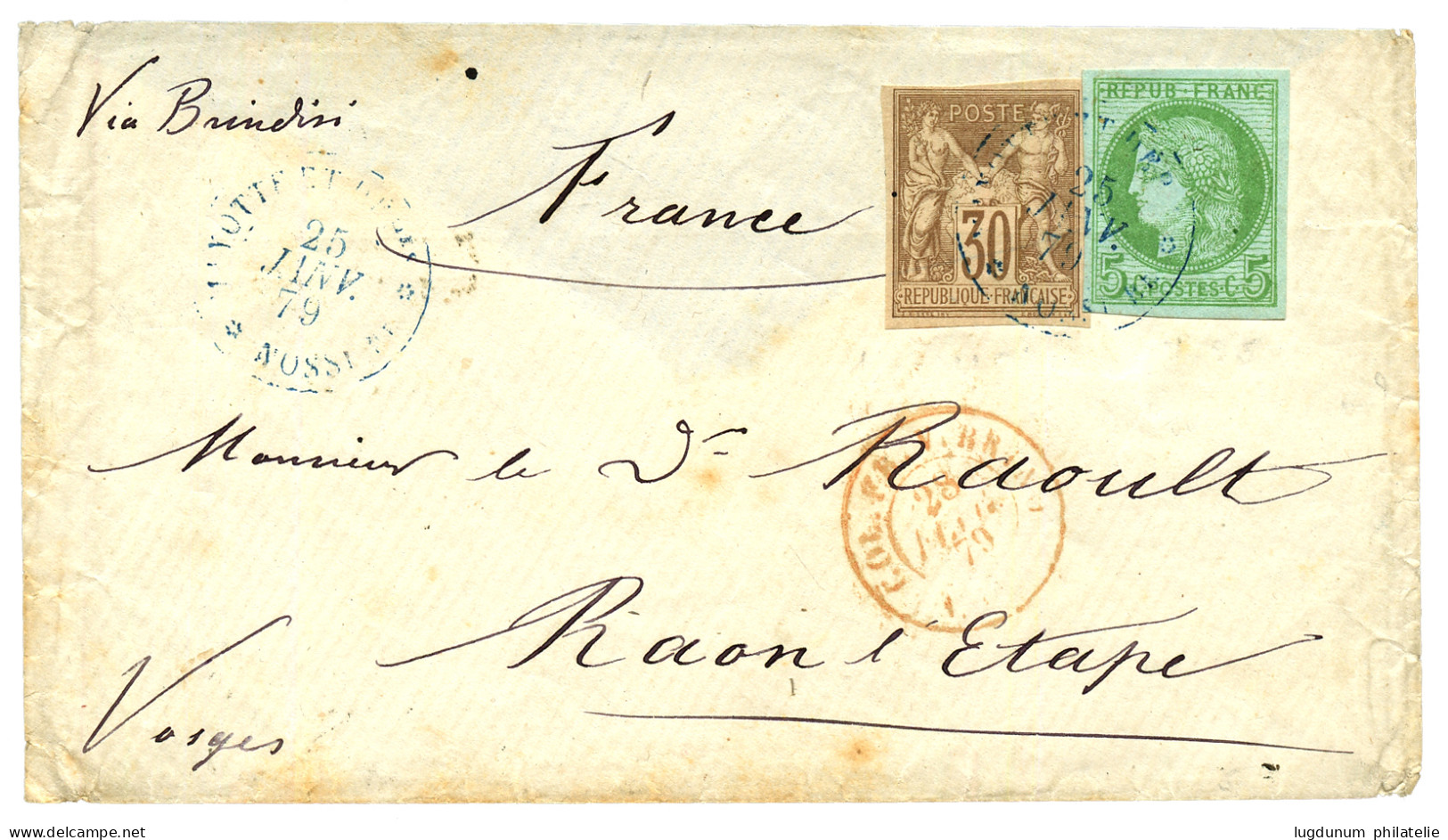 NOSSI-BE : 1879 COLONIES GENERALES 5c CERES + 30c SAGE, TB Margés Obl. MAYOTTE ET DEP. NOSSI-BE Sur Enveloppe Via BRINDI - Otros & Sin Clasificación