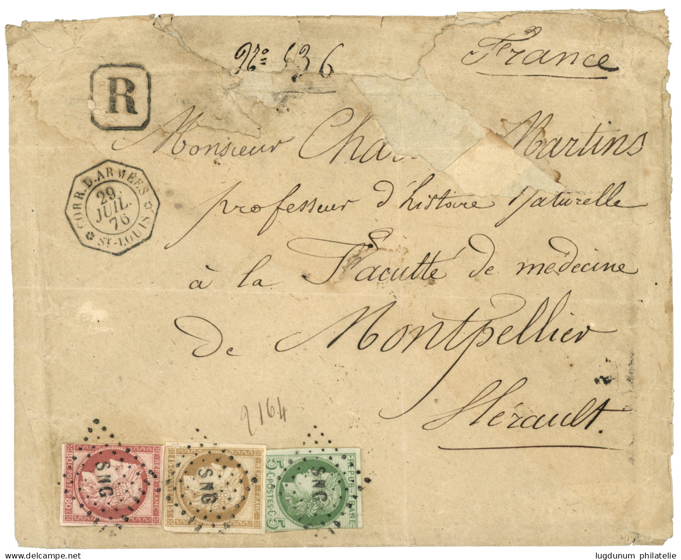 SENEGAL - CORRESPONDANCE D' ARMMEE RECOMMANDEE : 1876 CG CERES 5c + 15c + 80c Obl. SNG + CORR. D' ARMEES ST LOUIS Sur Le - Other & Unclassified